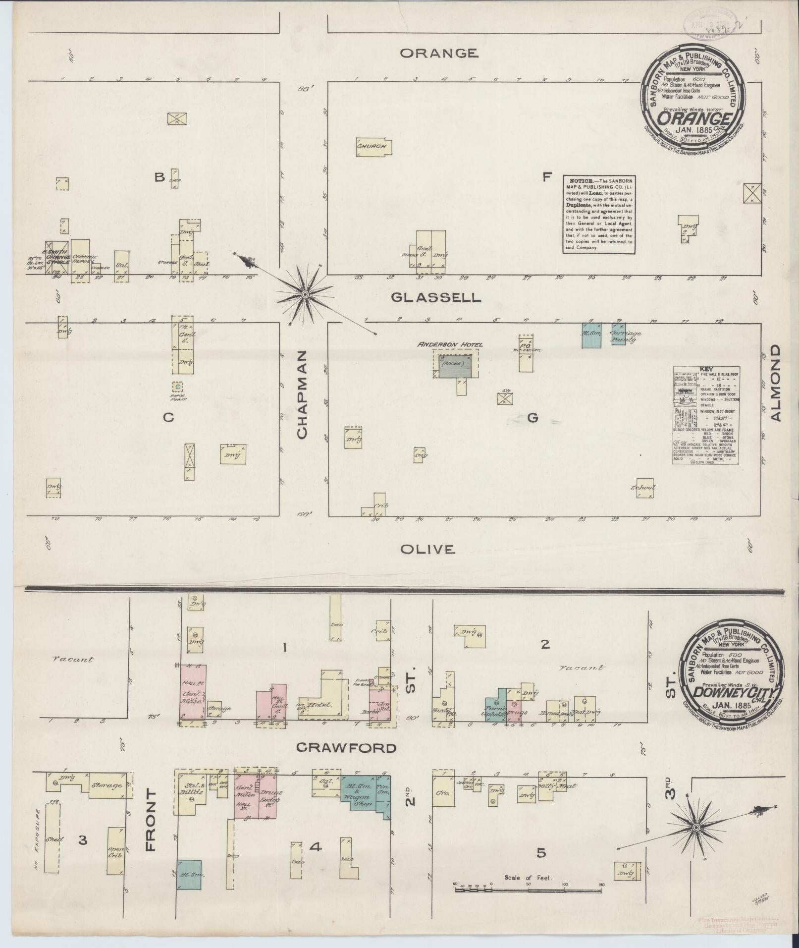 Sanborn Fire Insurance Map from Orange, Orange County, California (1885), Sheet #0001 - Historic Sanborn Fire Insurance Map Print, vintage old map wall art, antique decor, genealogy gift, California California map