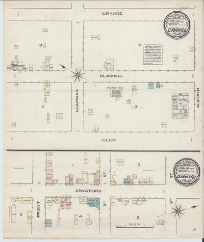 Sanborn Fire Insurance Map from Orange, Orange County, California (1885), Sheet #0001 - Historic Sanborn Fire Insurance Map Print, vintage old map wall art, antique decor, genealogy gift, California California map