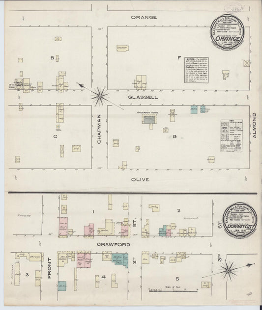 Sanborn Fire Insurance Map from Orange, Orange County, California (1885), Sheet #0001 - Historic Sanborn Fire Insurance Map Print, vintage old map wall art, antique decor, genealogy gift, California California map