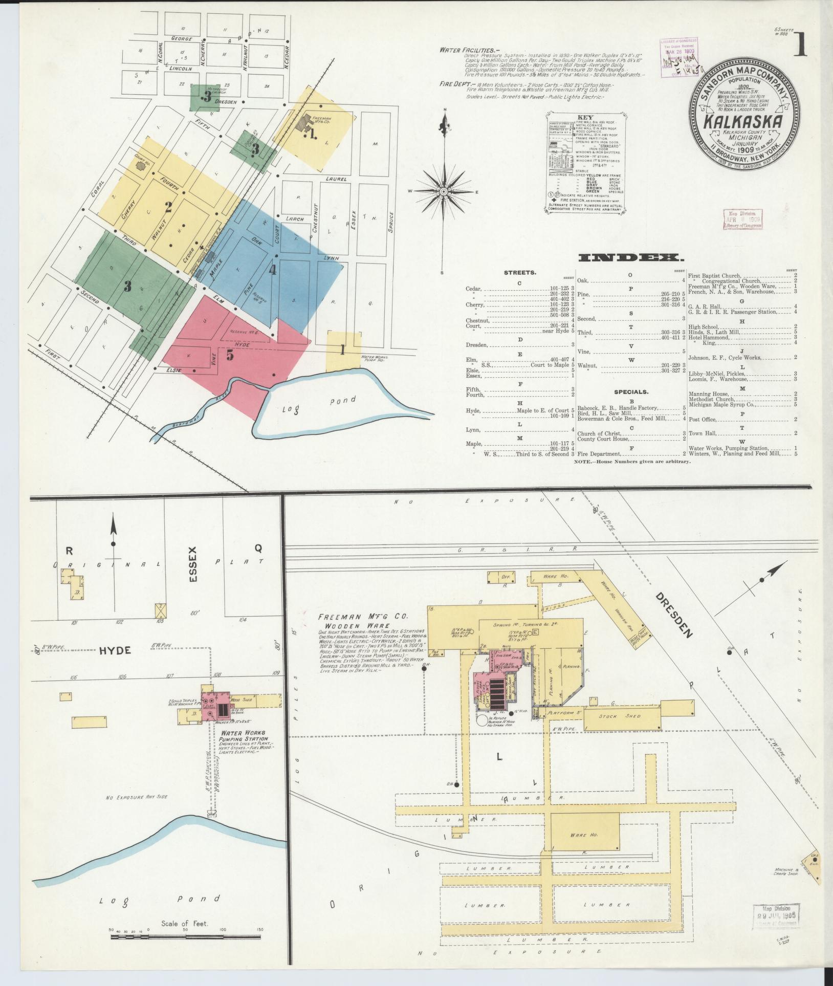 Sanborn Fire Insurance Map from Kalkaska, Kalkaska County, Michigan (1909), Sheet #0001 - Complete Map Set gallery image, historic Sanborn map, vintage wall art, Michigan Michigan