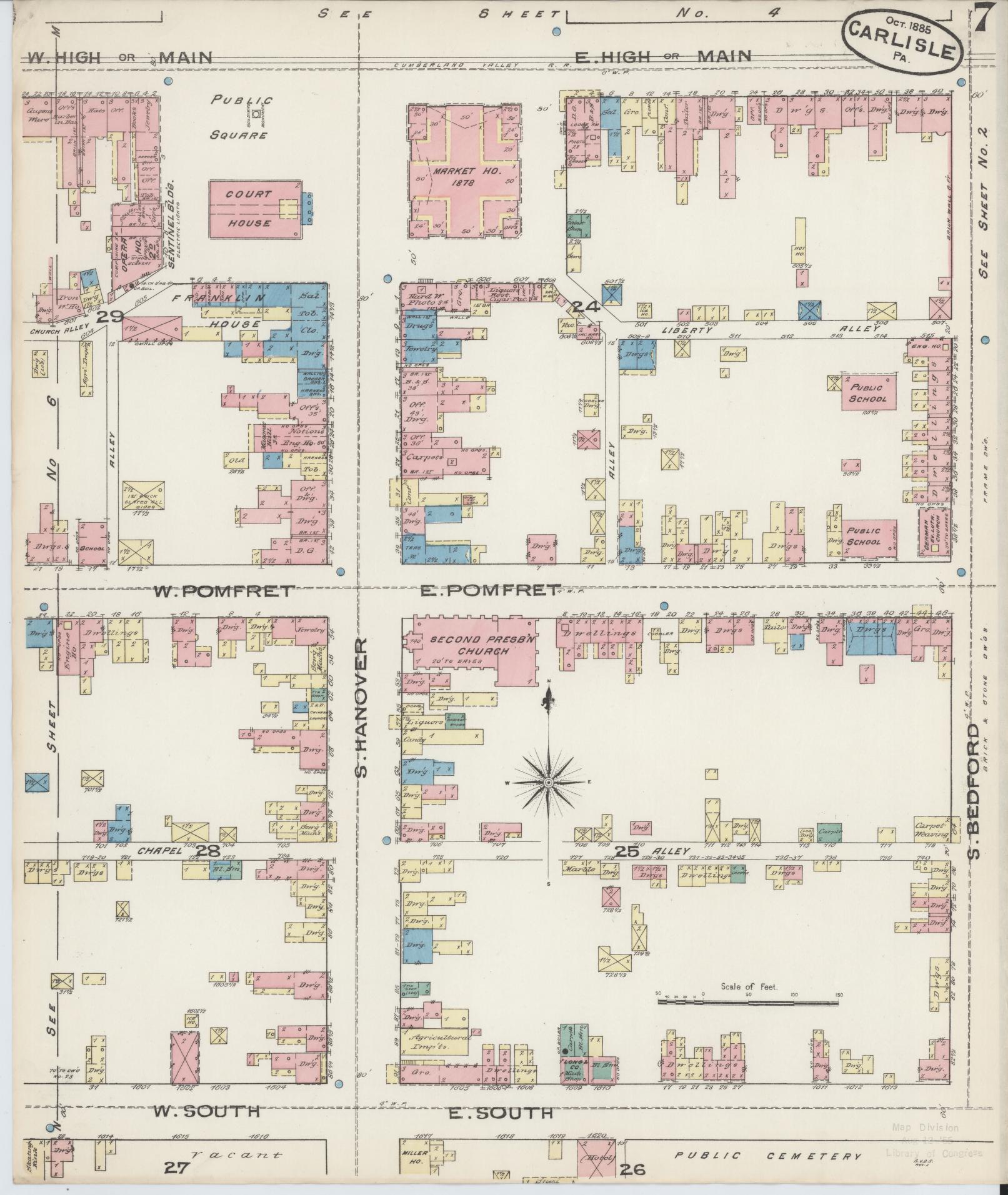 Sanborn Fire Insurance Map from Carlisle, Cumberland County, Pennsylvania (1885), Sheet #0007 - Historic Sanborn Fire Insurance Map Print, vintage old map wall art, antique decor, genealogy gift, Pennsylvania Pennsylvania map