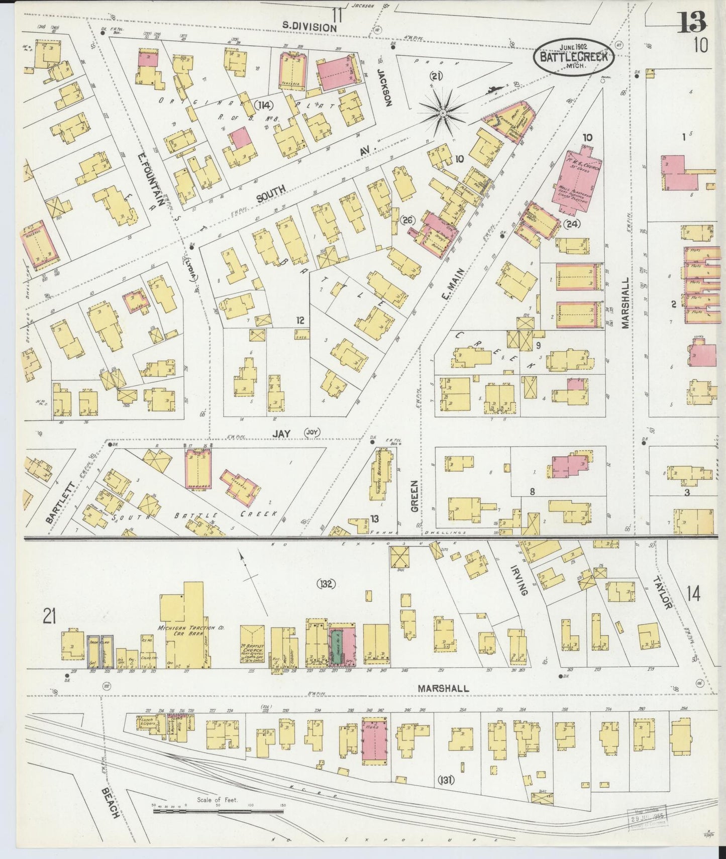 Sanborn Fire Insurance Map from Battle Creek, Calhoun County, Michigan (1902), Sheet #0013 - Complete Map Set gallery image, historic Sanborn map, vintage wall art, Michigan Michigan