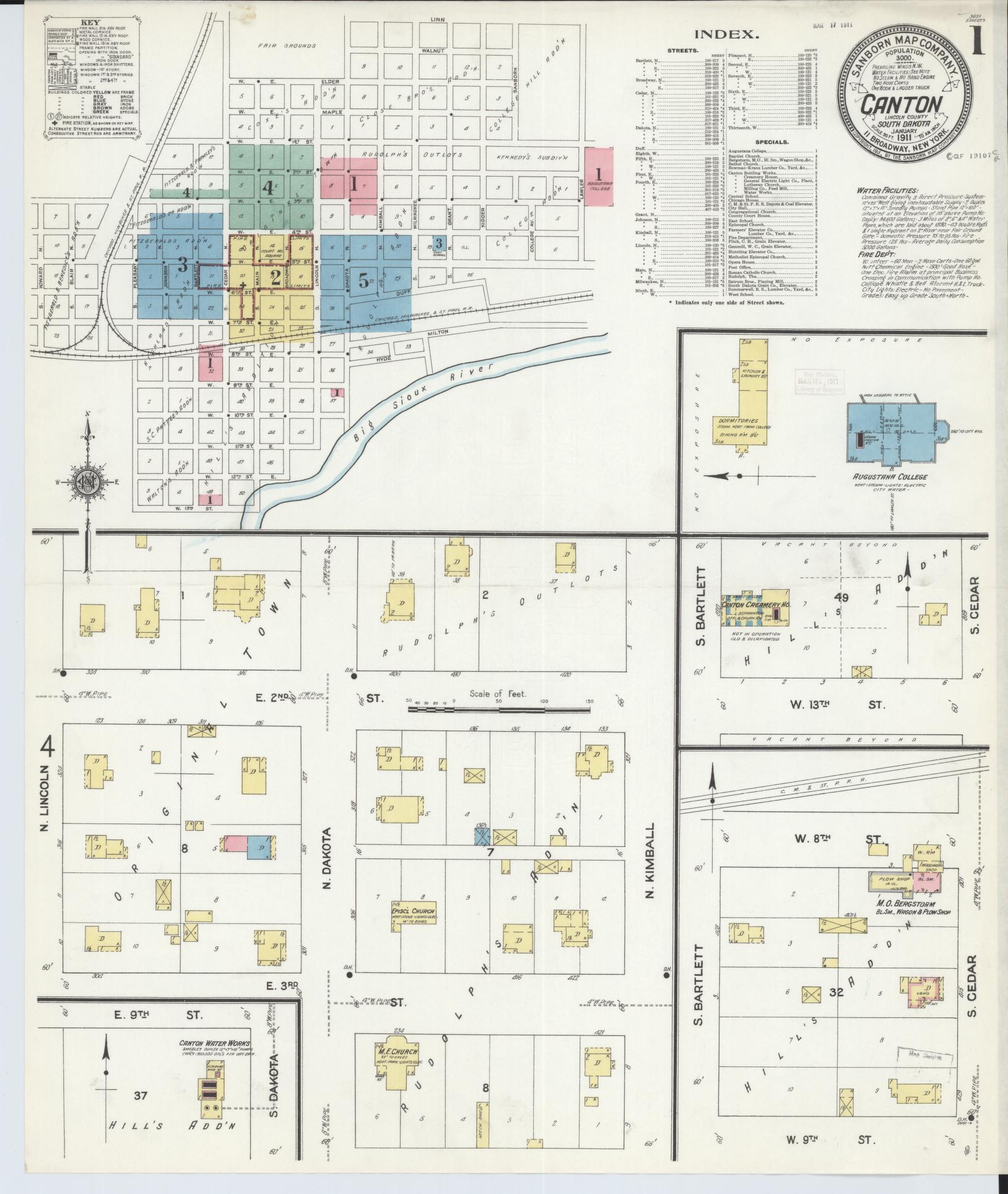 Sanborn Fire Insurance Map from Canton, Lincoln County, South Dakota (1911), Sheet #0001 - Historic Sanborn Fire Insurance Map Print, vintage old map wall art, antique decor, genealogy gift, South Dakota South Dakota map