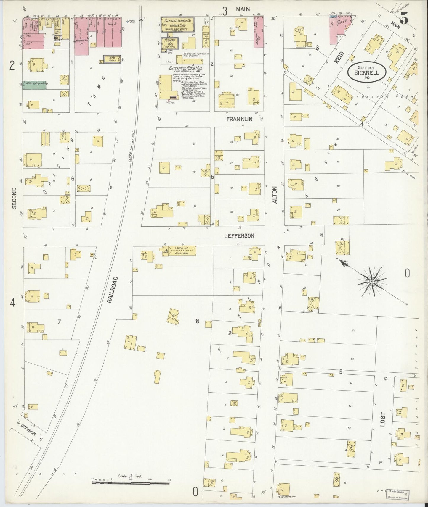 Sanborn Fire Insurance Map from Bicknell, Knox County, Indiana (1907), Sheet #0005 - Complete Map Set gallery image, historic Sanborn map, vintage wall art, Indiana Indiana