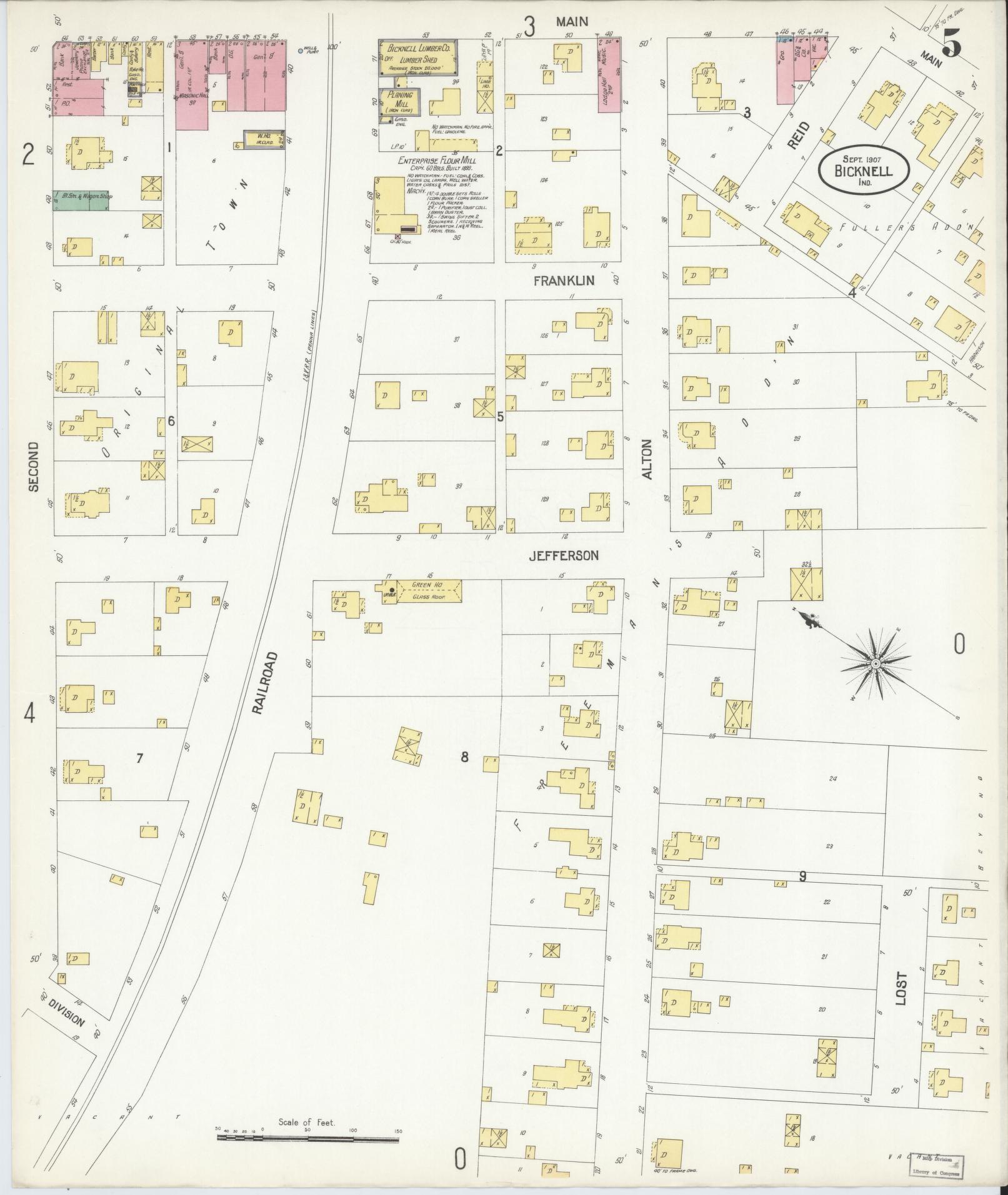 Sanborn Fire Insurance Map from Bicknell, Knox County, Indiana (1907), Sheet #0005 - Complete Map Set gallery image, historic Sanborn map, vintage wall art, Indiana Indiana