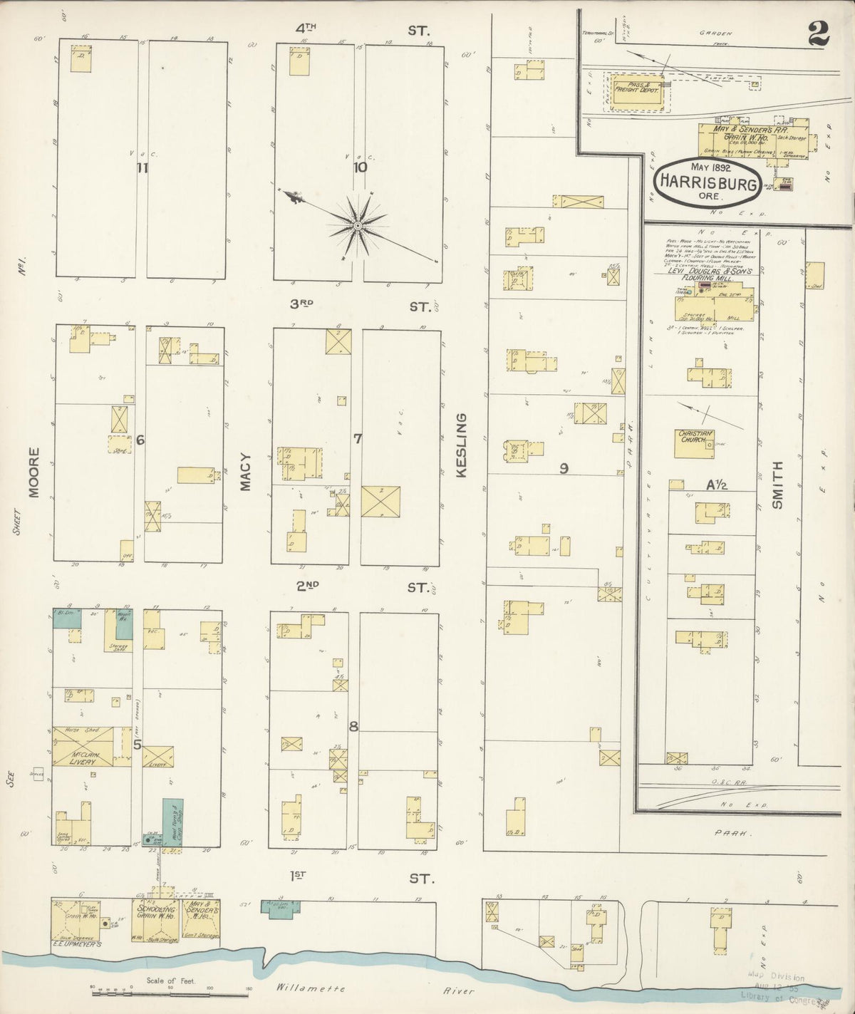 Sanborn Fire Insurance Map from Harrisburg, Linn County, Oregon (1892), Sheet #0002 - Historic Sanborn Fire Insurance Map Print, vintage old map wall art, antique decor, genealogy gift, Oregon Oregon map
