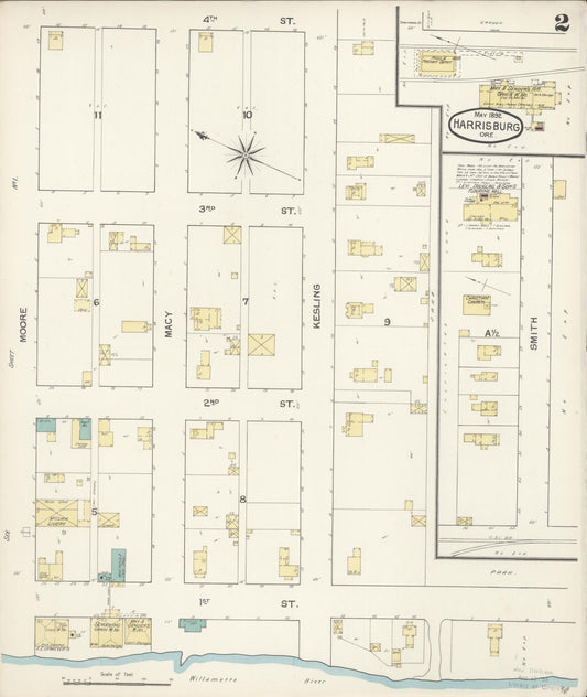 Sanborn Fire Insurance Map from Harrisburg, Linn County, Oregon (1892), Sheet #0002 - Historic Sanborn Fire Insurance Map Print, vintage old map wall art, antique decor, genealogy gift, Oregon Oregon map