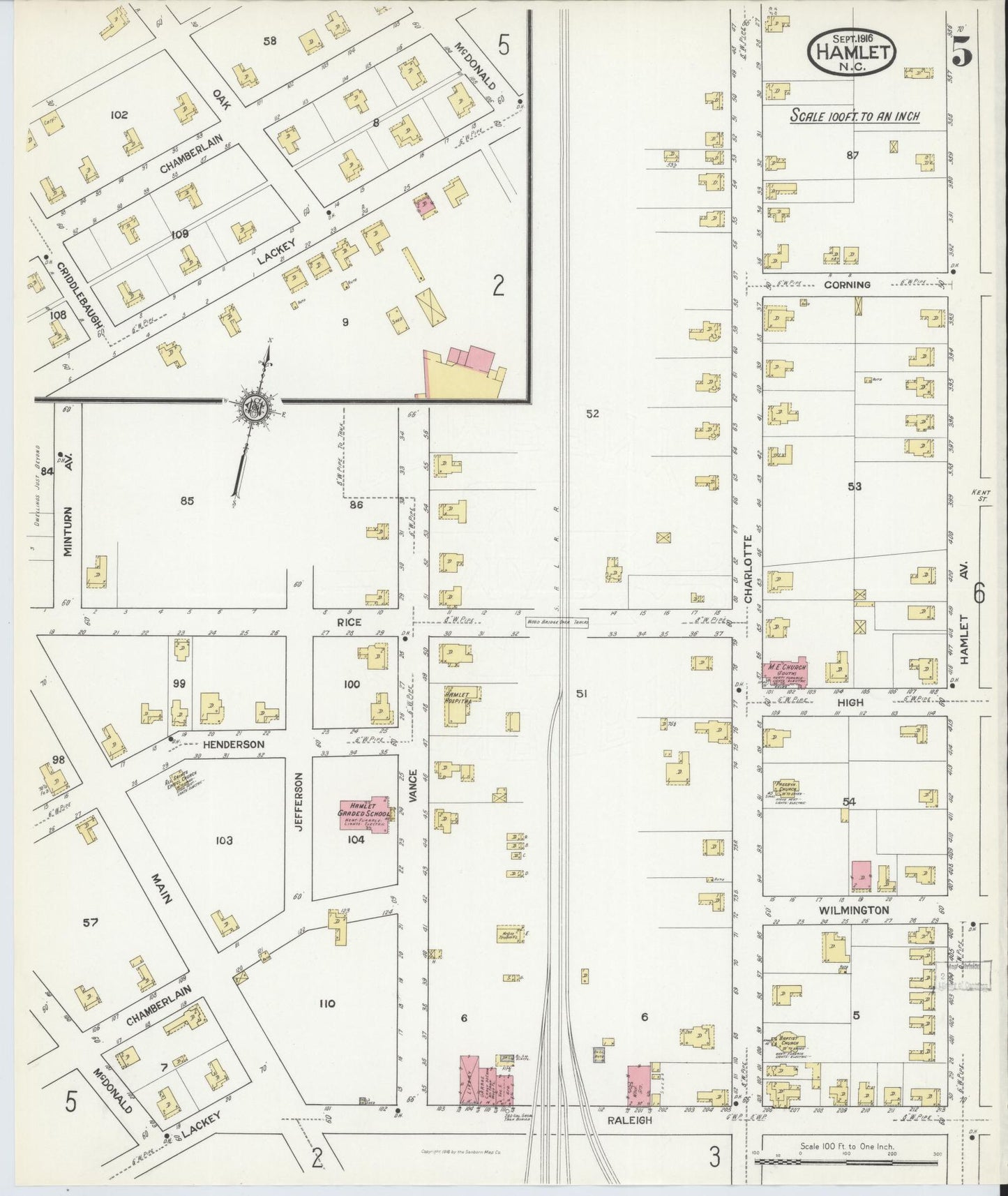 Sanborn Fire Insurance Map from Hamlet, Richmond County, North Carolina (1916), Sheet #0005 - Complete Map Set gallery image, historic Sanborn map, vintage wall art, North Carolina North Carolina