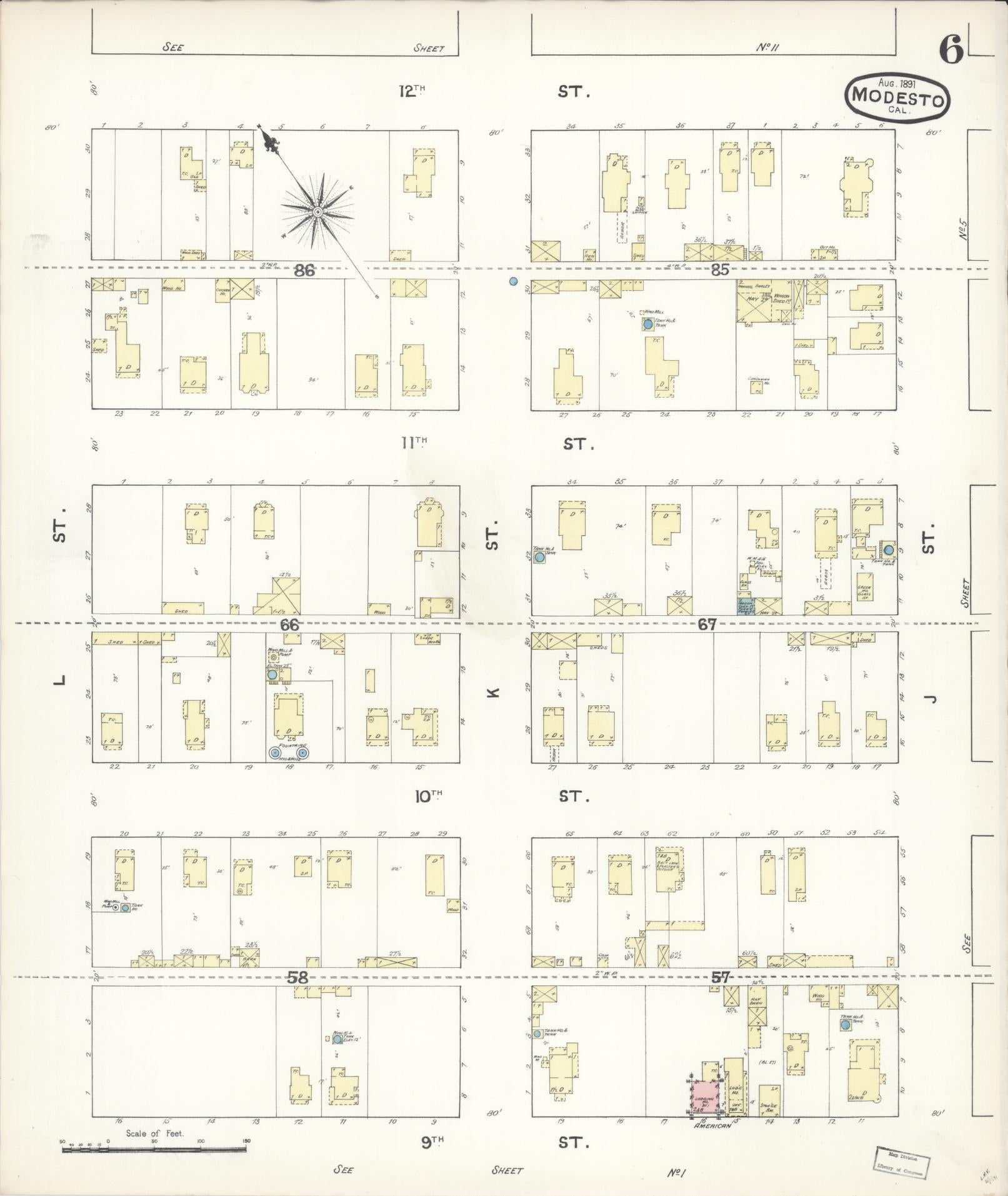 Sanborn Fire Insurance Map from Modesto, Stanislaus County, California (1891), Sheet #0006 - Complete Map Set gallery image, historic Sanborn map, vintage wall art, California California