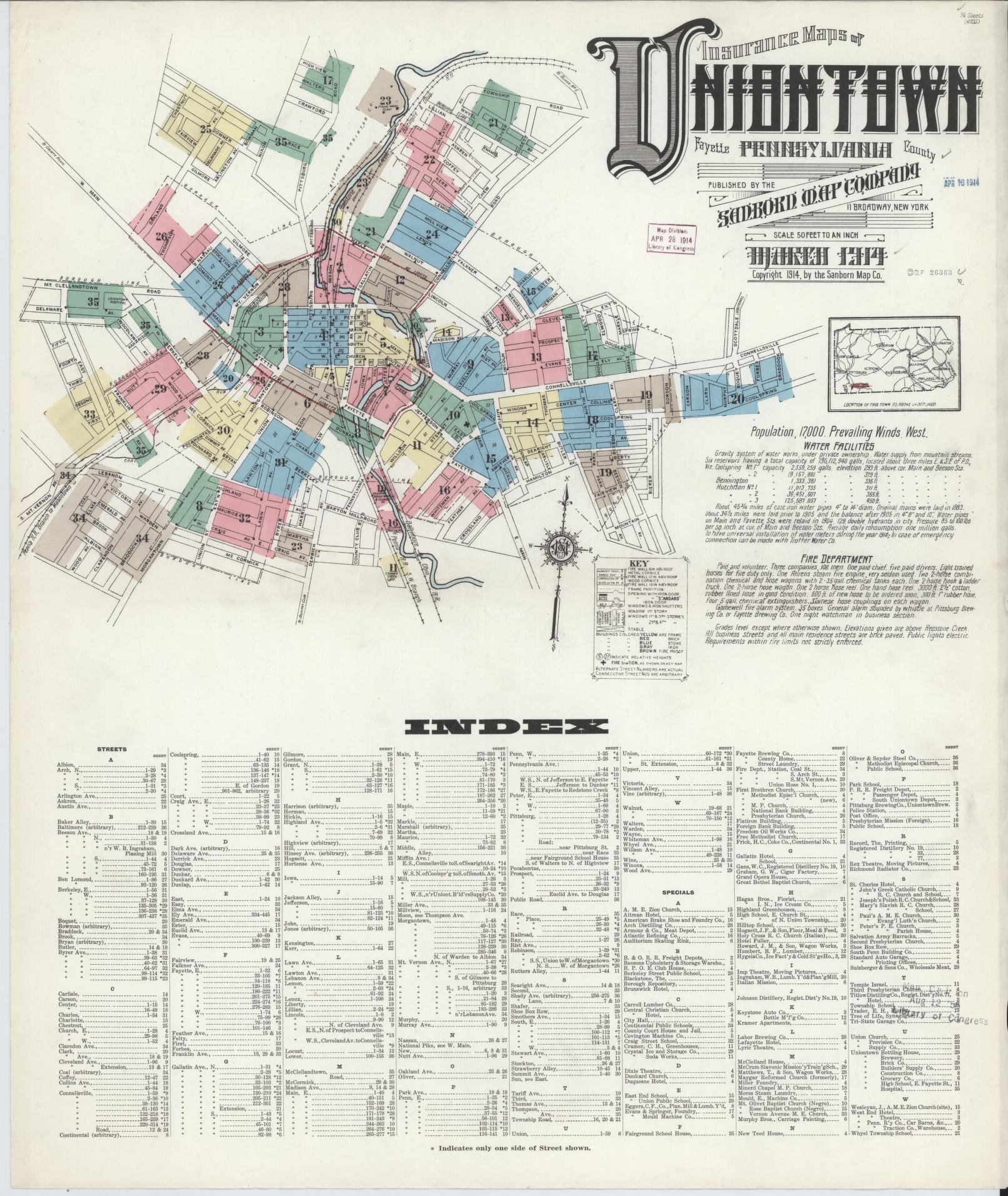 Sanborn Fire Insurance Map from Uniontown, Fayette County, Pennsylvania (1914), Sheet #0001 - Complete Map Set gallery image, historic Sanborn map, vintage wall art, Pennsylvania Pennsylvania