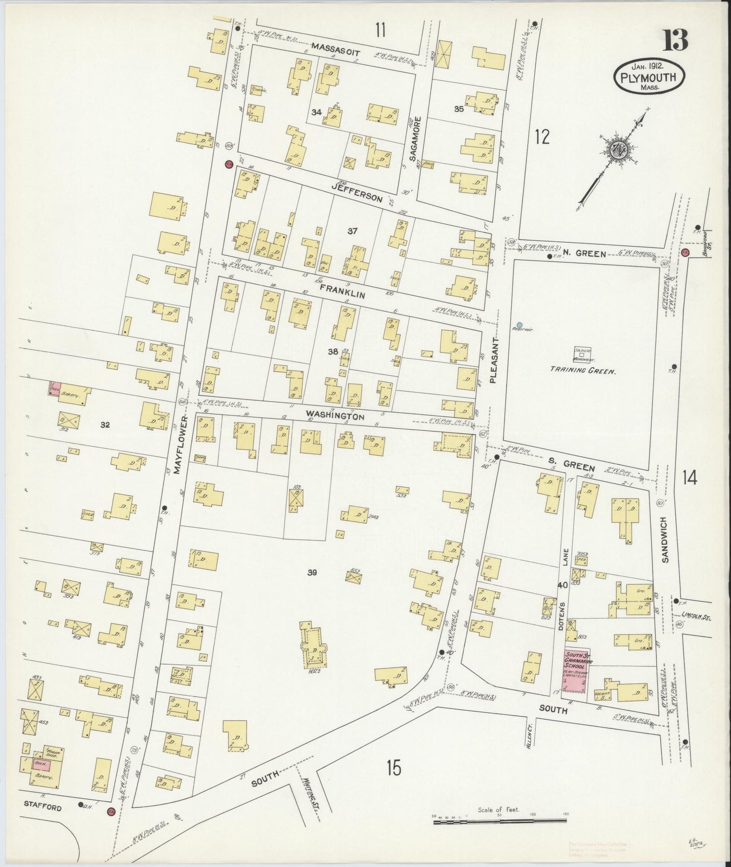 Sanborn Fire Insurance Map from Plymouth, Plymouth County, Massachusetts (1912), Sheet #0013 - Historic Sanborn Fire Insurance Map Print, vintage old map wall art, antique decor, genealogy gift, Massachusetts Massachusetts map