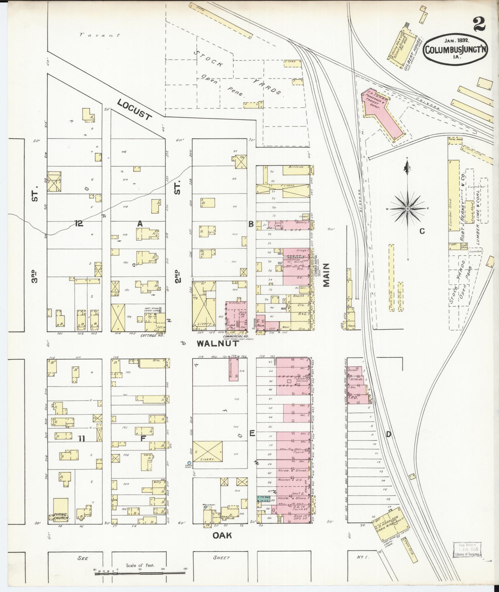 Sanborn Fire Insurance Map from Columbus Junction, Louisa County, Iowa (1892), Sheet #0002 - Historic Sanborn Fire Insurance Map Print, vintage old map wall art