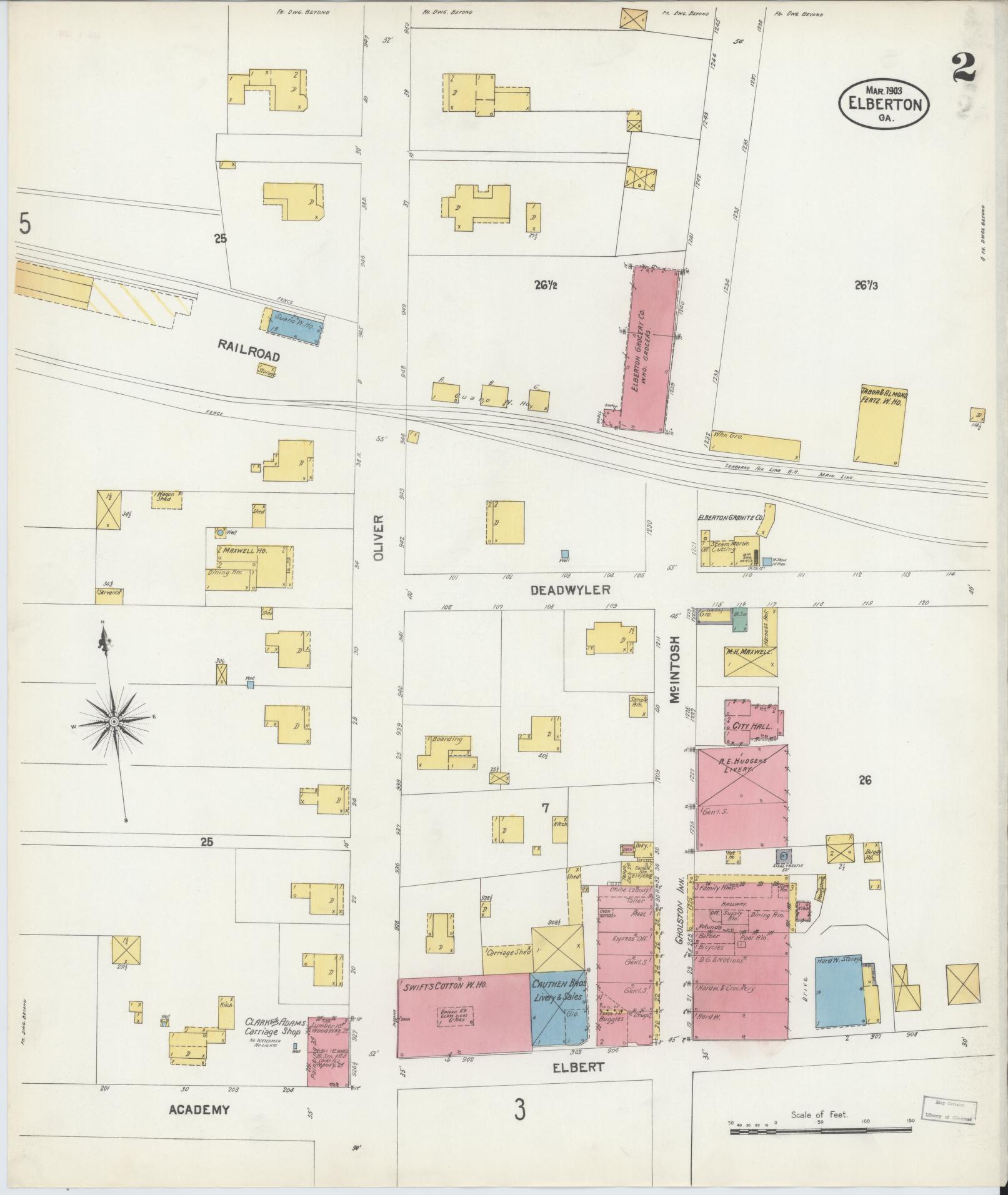 Sanborn Fire Insurance Map from Elberton, Elbert County, Georgia (1903), Sheet #0002 - Historic Sanborn Fire Insurance Map Print, vintage old map wall art, antique decor, genealogy gift, Georgia Georgia map