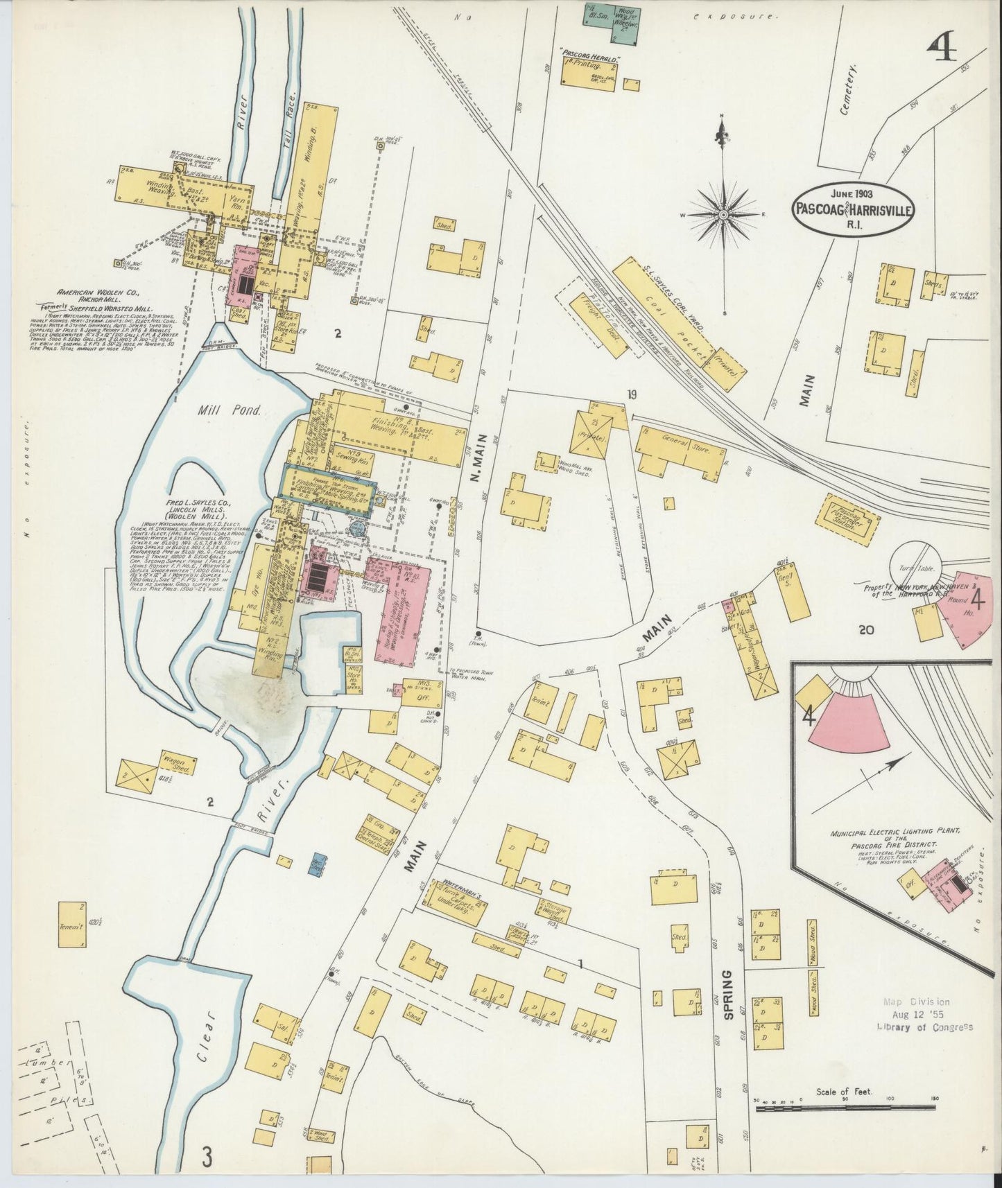 Sanborn Fire Insurance Map from Pascoag, Providence County, Rhode Island (1903), Sheet #0004 - Complete Map Set gallery image, historic Sanborn map, vintage wall art, Rhode Island Rhode Island