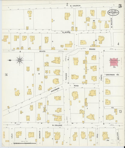 Sanborn Fire Insurance Map from McKinney, Collin County, Texas (1908), Sheet #0003 - Historic Sanborn Fire Insurance Map Print, vintage old map wall art, antique decor, genealogy gift, Texas Texas map