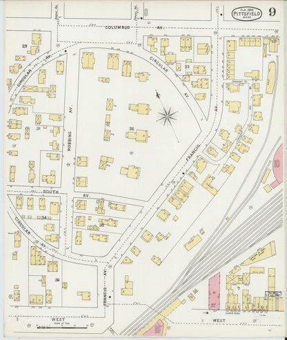 Sanborn Fire Insurance Map from Pittsfield, Berkshire County, Massachusetts (1895), Sheet #0009 - Historic Sanborn Fire Insurance Map Print, vintage old map wall art, antique decor, genealogy gift, Massachusetts Massachusetts map