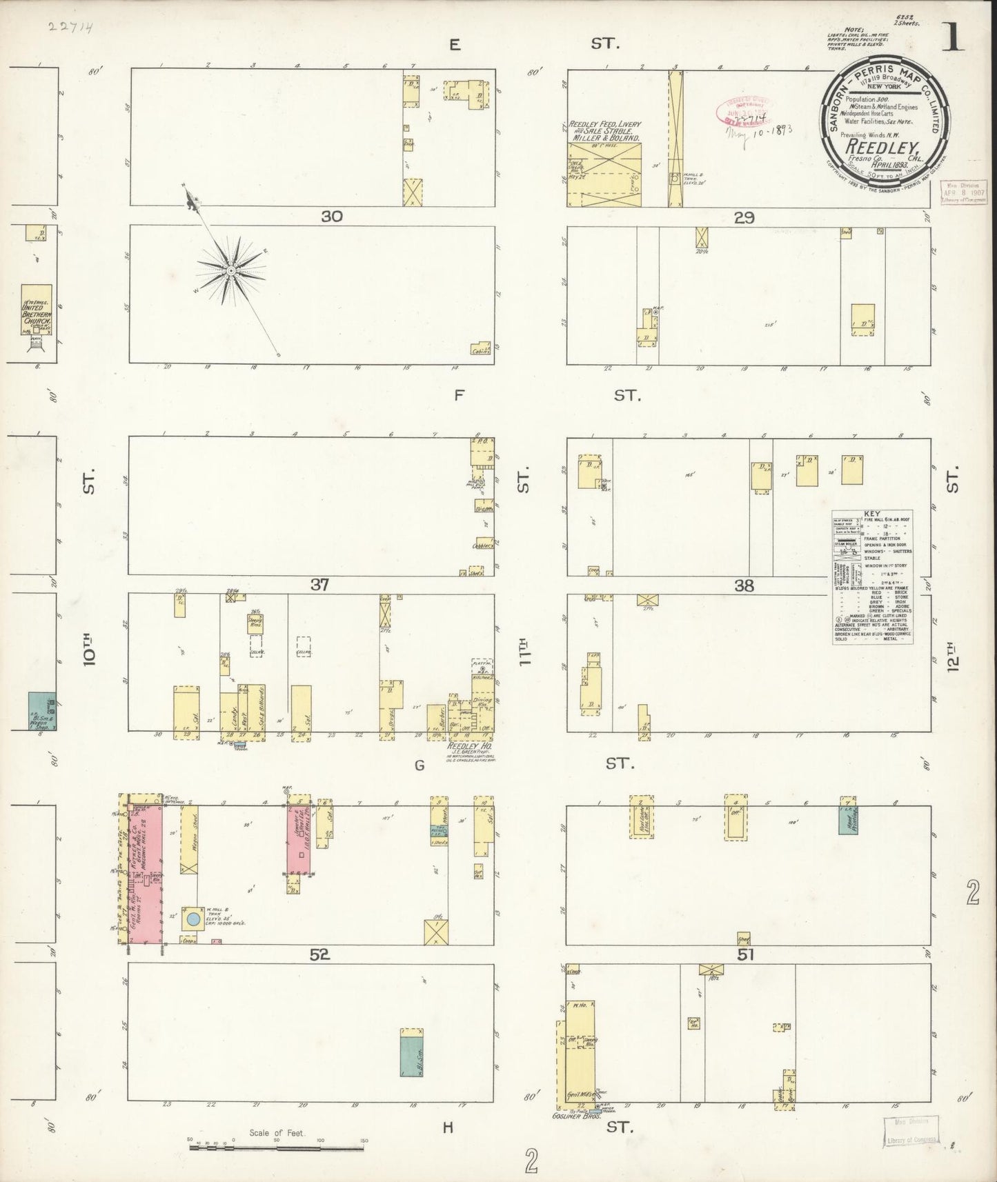 Sanborn Fire Insurance Map from Reedley, Fresno County, California (1893), Sheet #0001 - Complete Map Set gallery image, historic Sanborn map, vintage wall art, California California