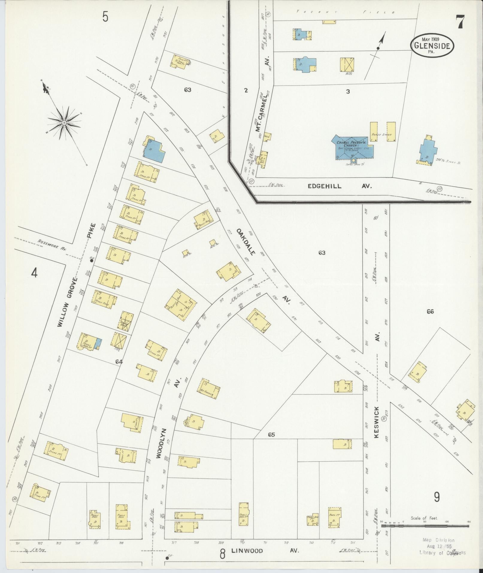 Sanborn Fire Insurance Map from Glenside, Montgomery County, Pennsylvania (1909), Sheet #0007 - Historic Sanborn Fire Insurance Map Print, vintage old map wall art, antique decor, genealogy gift, Pennsylvania Pennsylvania map
