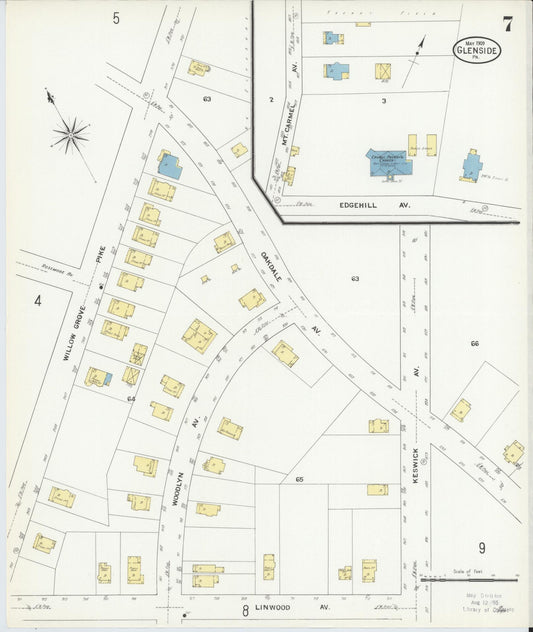 Sanborn Fire Insurance Map from Glenside, Montgomery County, Pennsylvania (1909), Sheet #0007 - Historic Sanborn Fire Insurance Map Print, vintage old map wall art, antique decor, genealogy gift, Pennsylvania Pennsylvania map