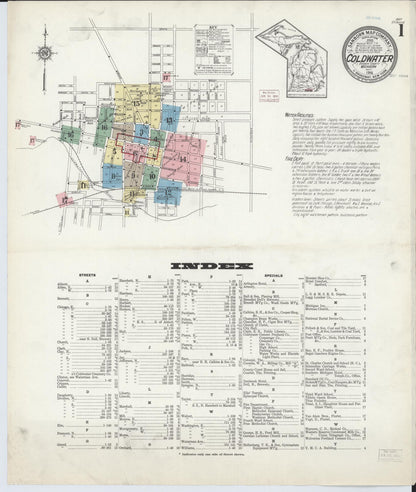 Sanborn Fire Insurance Map from Coldwater, Branch County, Michigan (1914), Sheet #0001 - Historic Sanborn Fire Insurance Map Print, vintage old map wall art, antique decor, genealogy gift, Michigan Michigan map