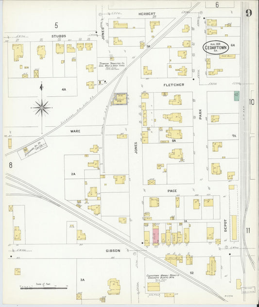 Sanborn Fire Insurance Map from Cedartown, Polk County, Georgia (1908), Sheet #0009 - Historic Sanborn Fire Insurance Map Print, vintage old map wall art, antique decor, genealogy gift, Georgia Georgia map