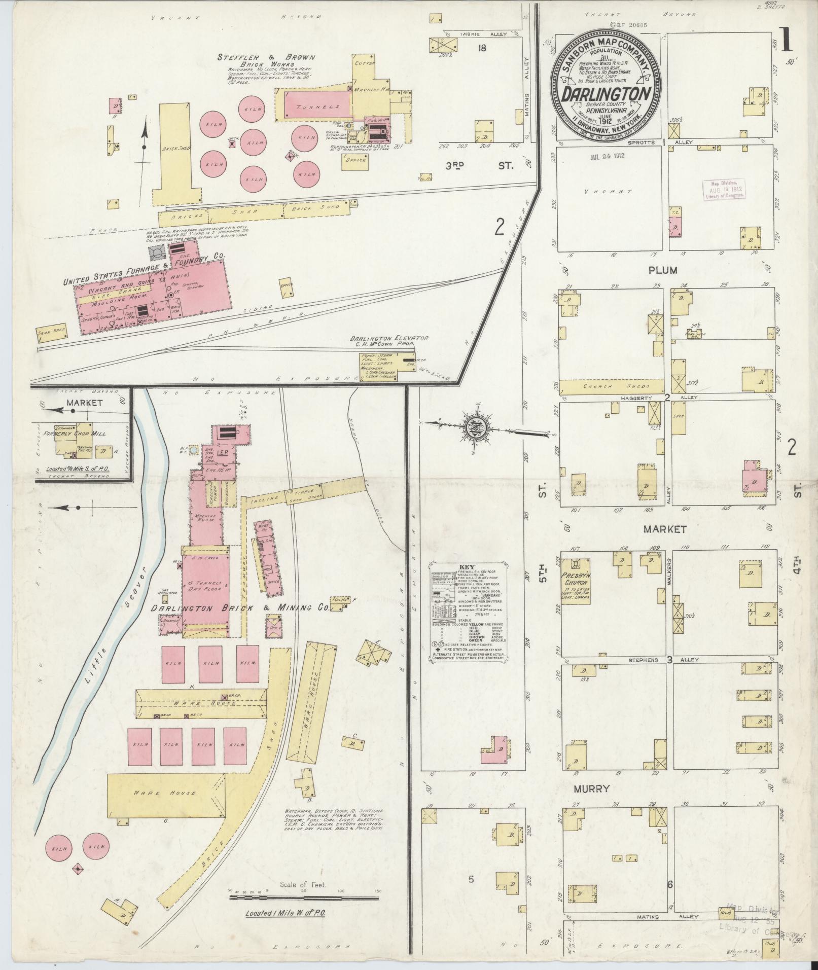 Sanborn Fire Insurance Map from Darlington, Beaver County, Pennsylvania (1912), Sheet #0001 - Historic Sanborn Fire Insurance Map Print, vintage old map wall art, antique decor, genealogy gift, Pennsylvania Pennsylvania map