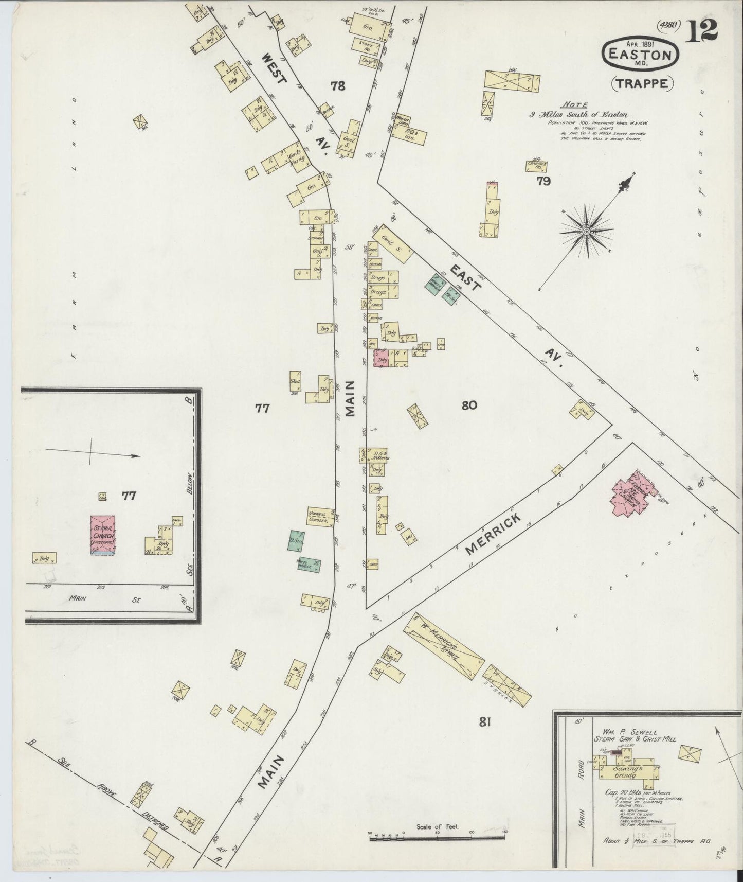Sanborn Fire Insurance Map from Easton, Talbot County, Maryland (1891), Sheet #0012 - Historic Sanborn Fire Insurance Map Print, vintage old map wall art, antique decor, genealogy gift, Maryland Maryland map