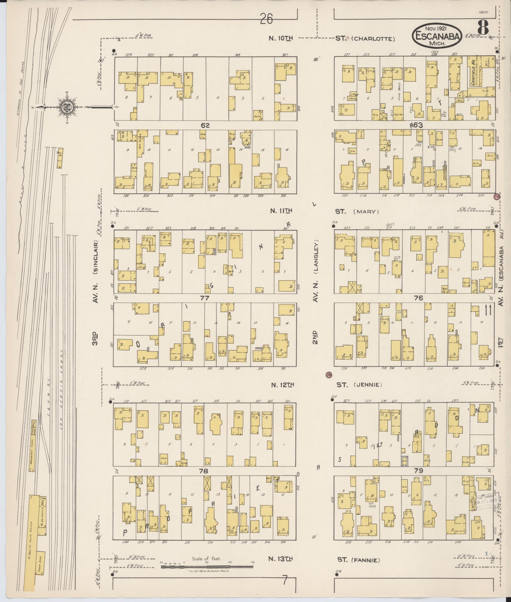 Sanborn Fire Insurance Map from Escanaba, Delta County, Michigan (1921), Sheet #0008 - Historic Sanborn Fire Insurance Map Print, vintage old map wall art, antique decor, genealogy gift, Michigan Michigan map