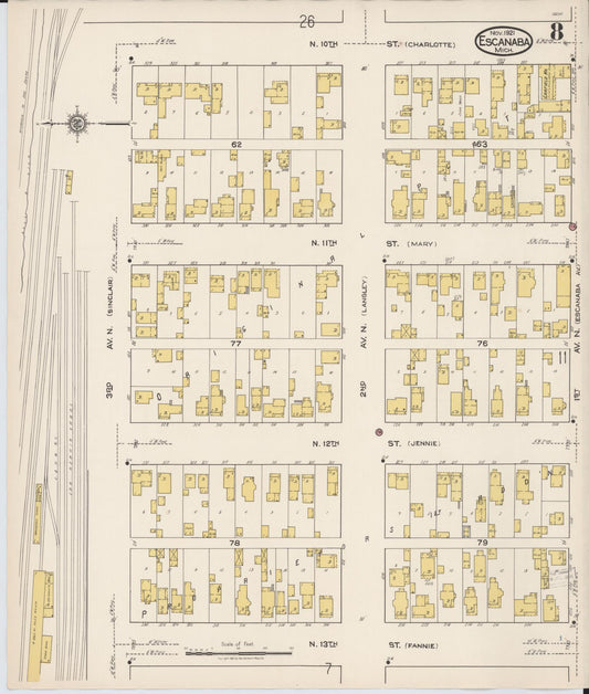 Sanborn Fire Insurance Map from Escanaba, Delta County, Michigan (1921), Sheet #0008 - Historic Sanborn Fire Insurance Map Print, vintage old map wall art, antique decor, genealogy gift, Michigan Michigan map
