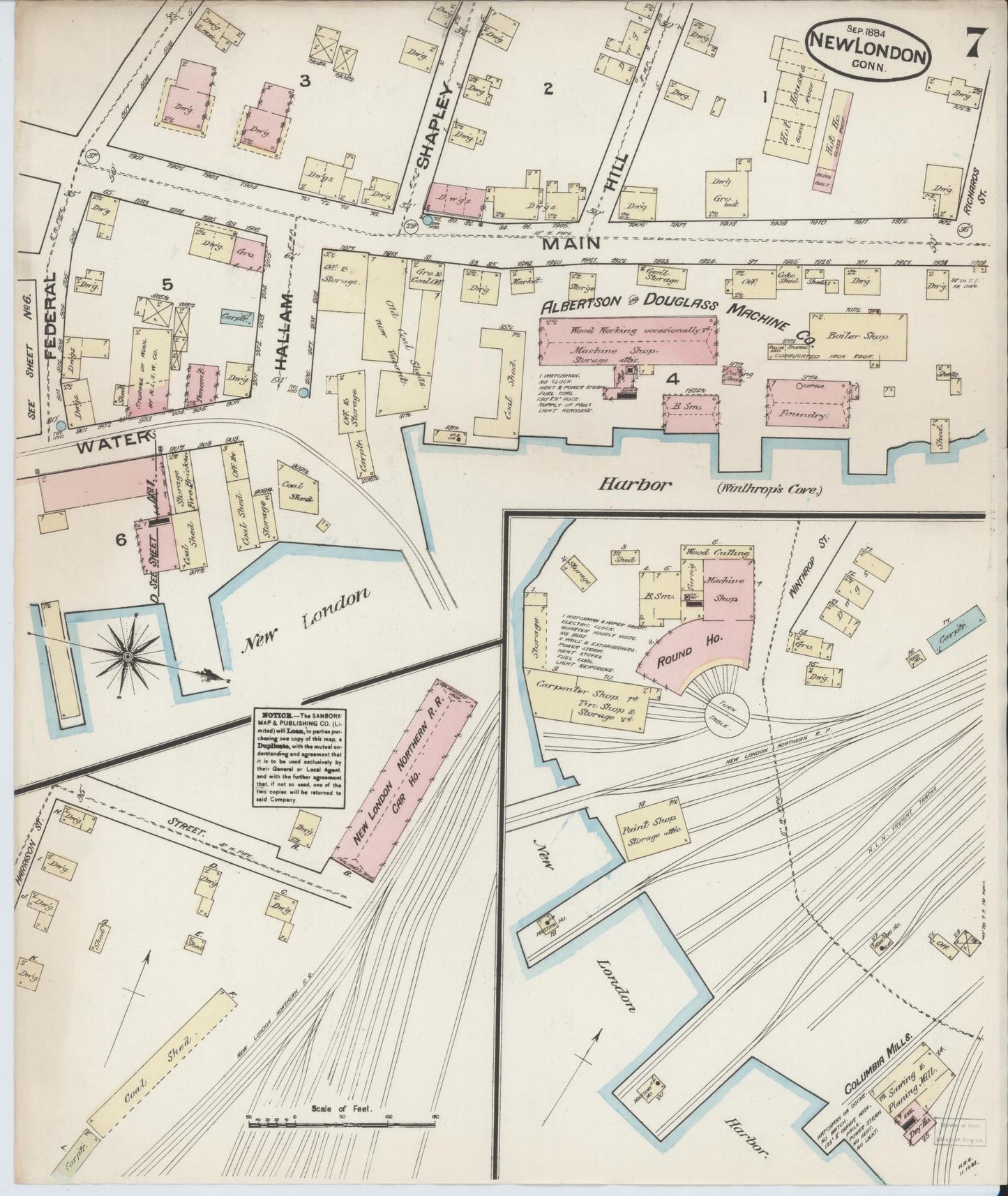 Sanborn Fire Insurance Map from New London, New London County, Connecticut (1884), Sheet #0007 - Complete Map Set gallery image, historic Sanborn map, vintage wall art, Connecticut Connecticut