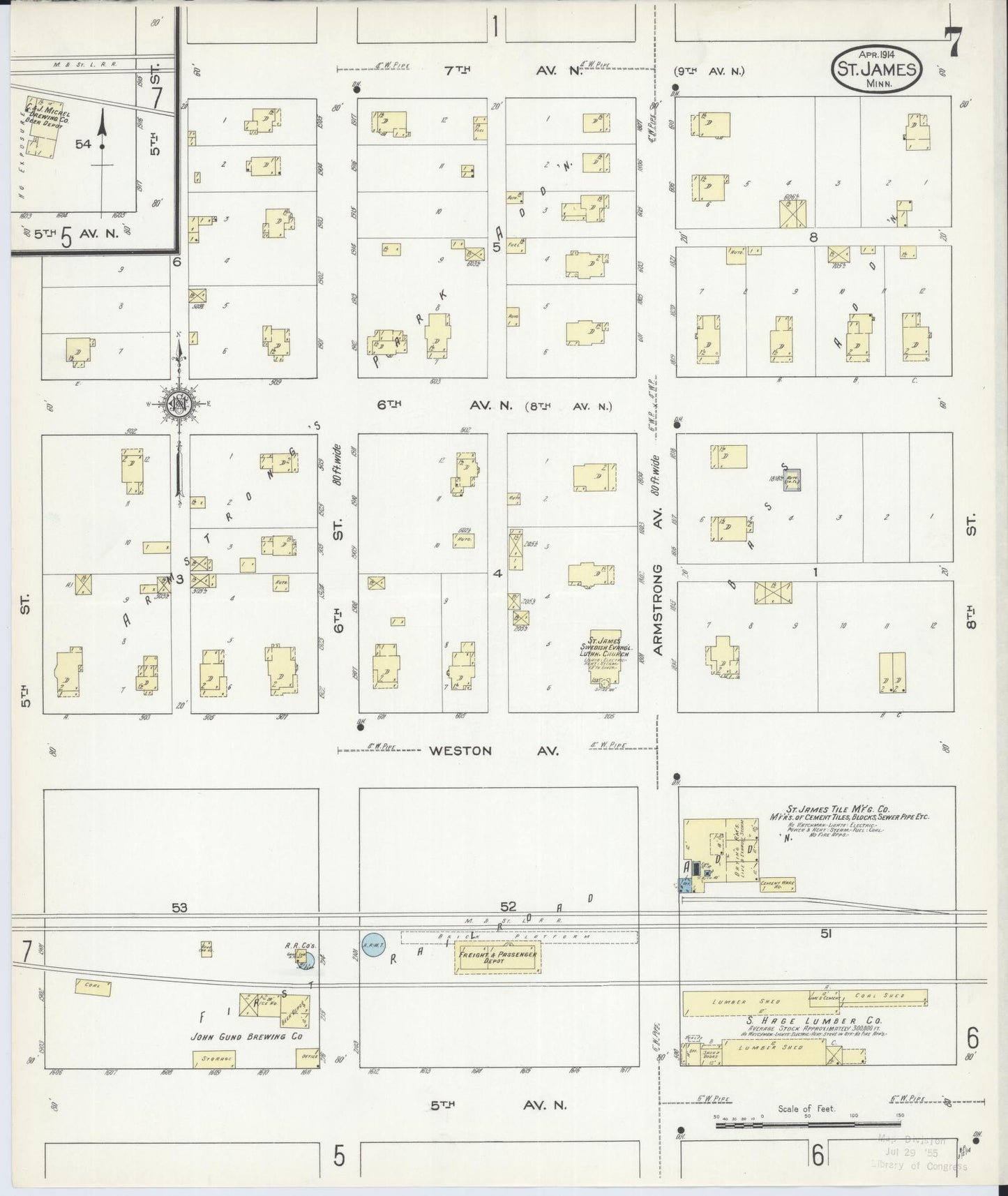 Sanborn Fire Insurance Map from Saint James, Watonwan County, Minnesota (1914), Sheet #0007 - Complete Map Set gallery image, historic Sanborn map, vintage wall art, Minnesota Minnesota