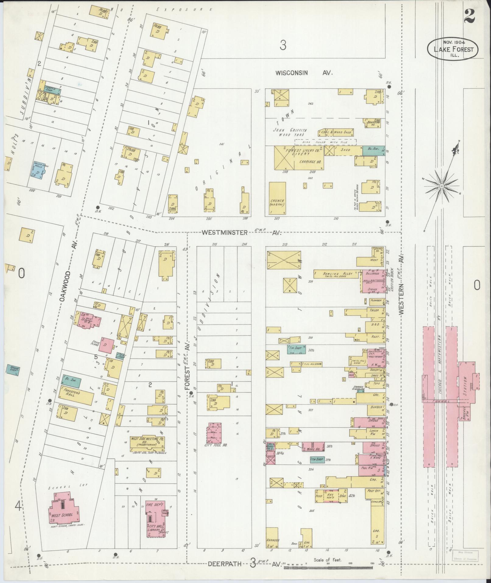Sanborn Fire Insurance Map from Lake Forest, Lake County, Illinois (1904), Sheet #0002 - Historic Sanborn Fire Insurance Map Print, vintage old map wall art, antique decor, genealogy gift, Illinois Illinois map