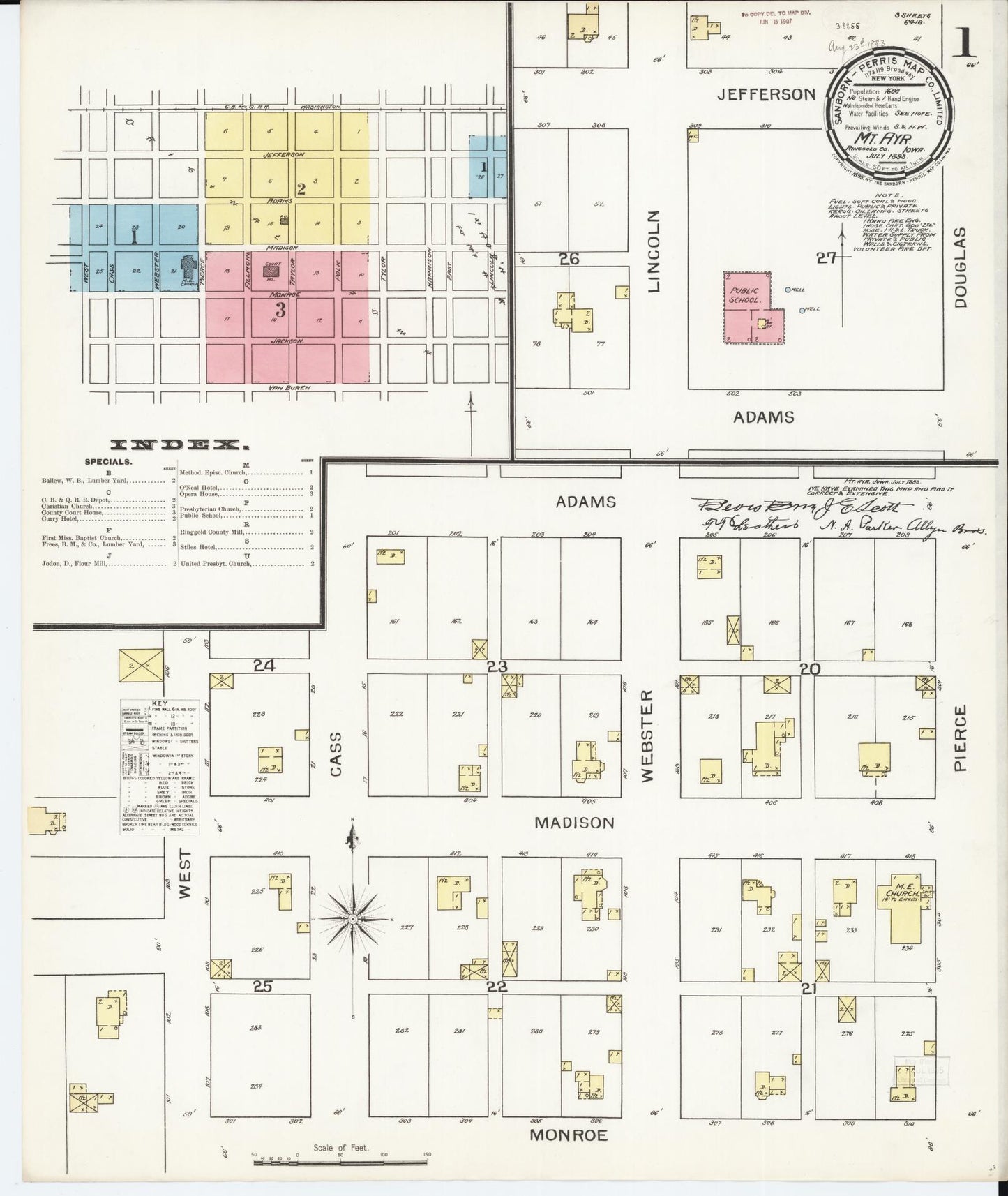Sanborn Fire Insurance Map from Mount Ayr, Ringgold County, Iowa (1893), Sheet #0001 - Historic Sanborn Fire Insurance Map Print
