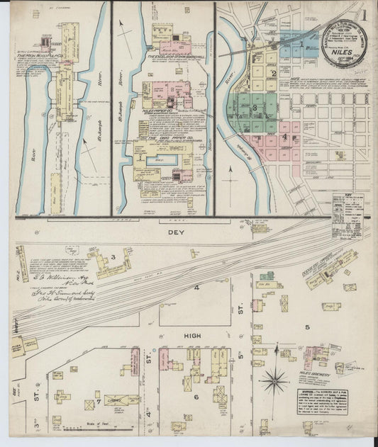 Sanborn Fire Insurance Map from Niles, Berrien County, Michigan (1884), Sheet #0001 - Historic Sanborn Fire Insurance Map Print, vintage old map wall art, antique decor, genealogy gift, Michigan Michigan map