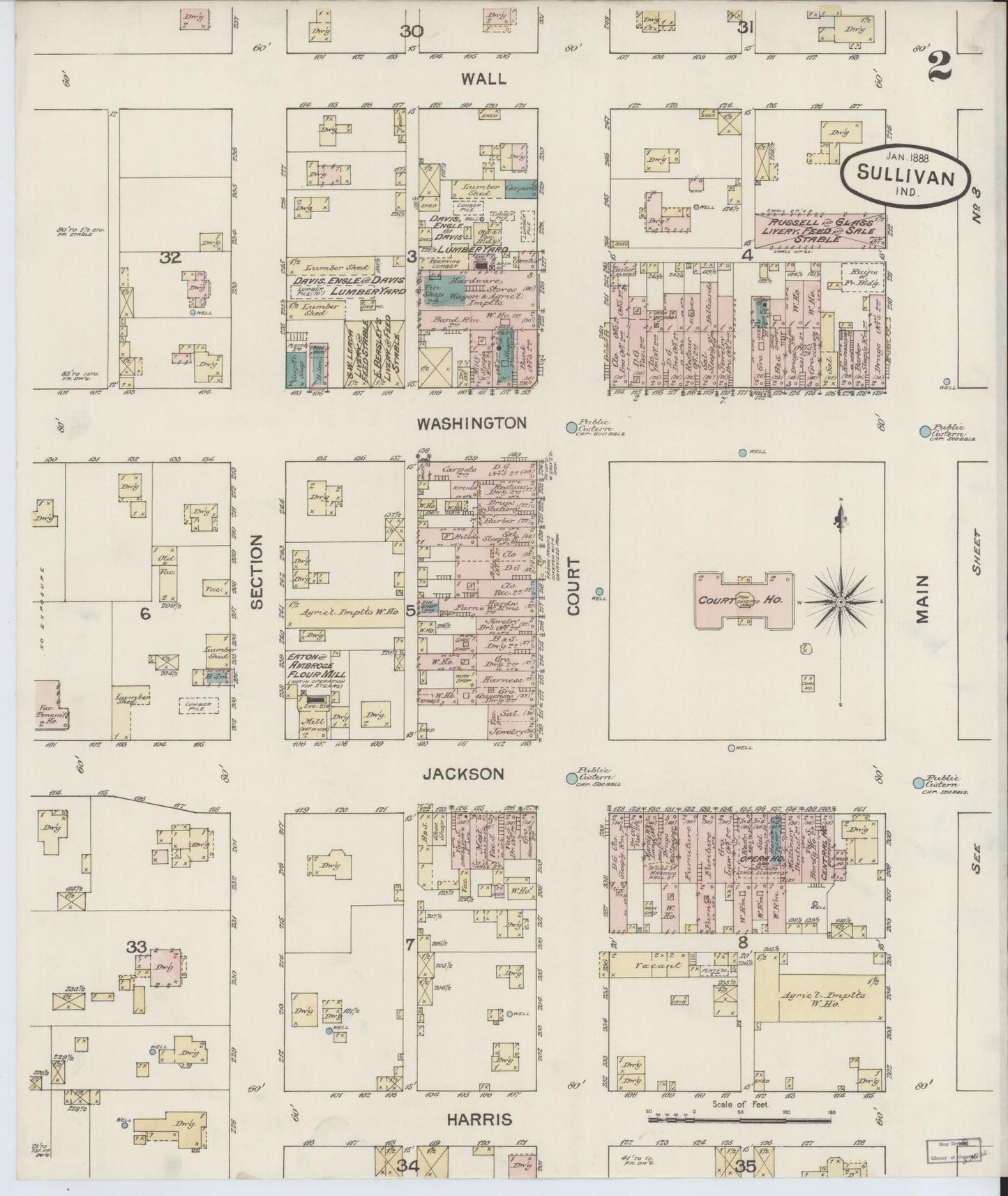 Sanborn Fire Insurance Map from Sullivan, Sullivan County, Indiana (1888), Sheet #0002 - Historic Sanborn Fire Insurance Map Print, vintage old map wall art, antique decor, genealogy gift, Indiana Indiana map