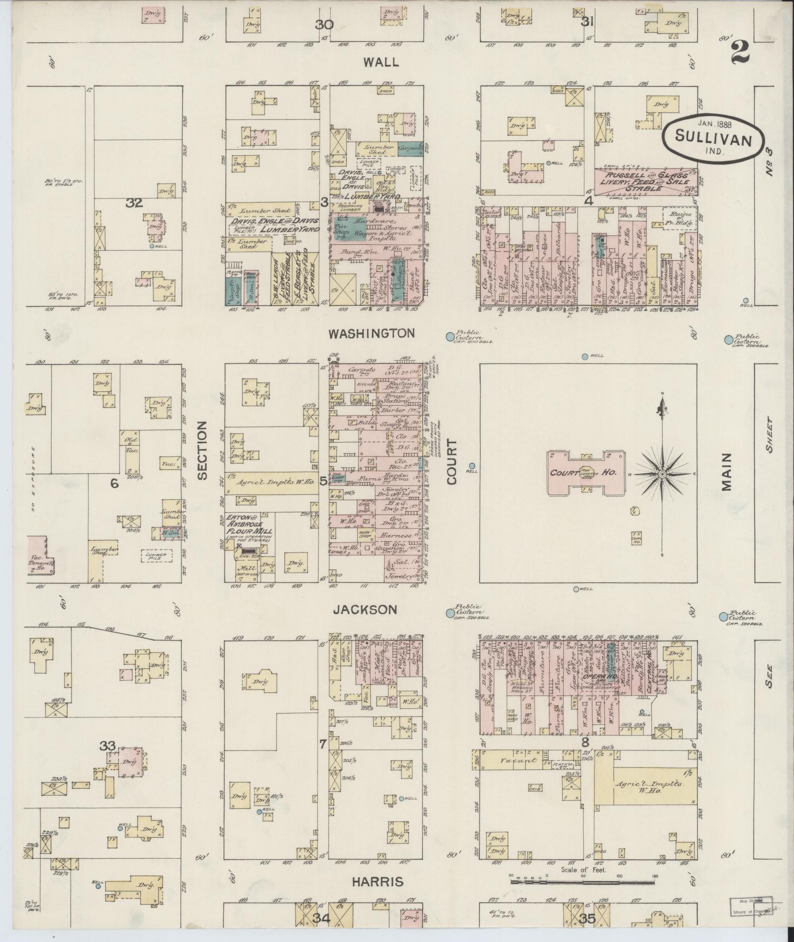 Sanborn Fire Insurance Map from Sullivan, Sullivan County, Indiana (1888), Sheet #0002 - Historic Sanborn Fire Insurance Map Print, vintage old map wall art, antique decor, genealogy gift, Indiana Indiana map