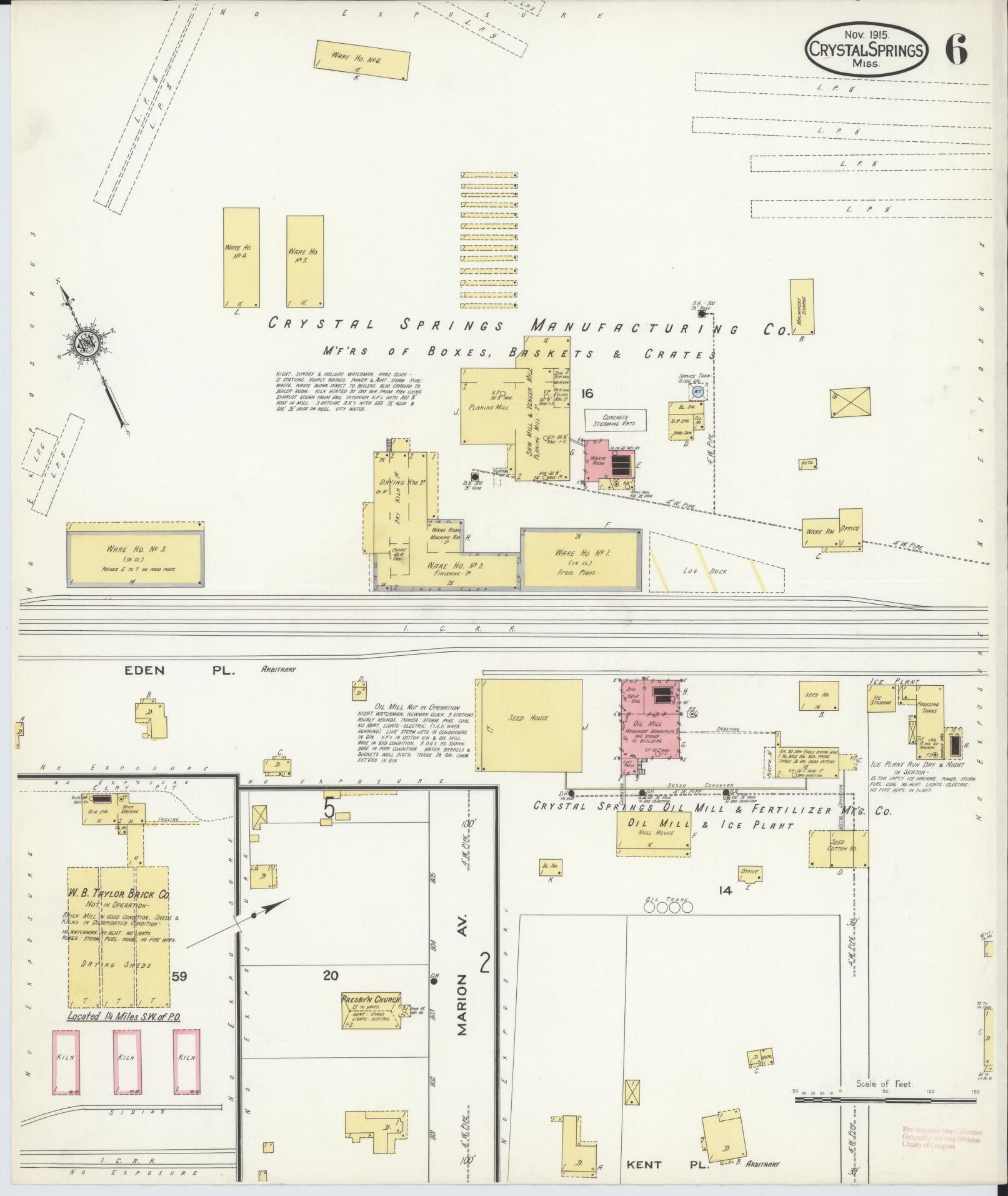 Sanborn Fire Insurance Map from Crystal Springs, Copiah County, Mississippi (1915), Sheet #0006 - Complete Map Set gallery image, historic Sanborn map, vintage wall art, Mississippi Mississippi