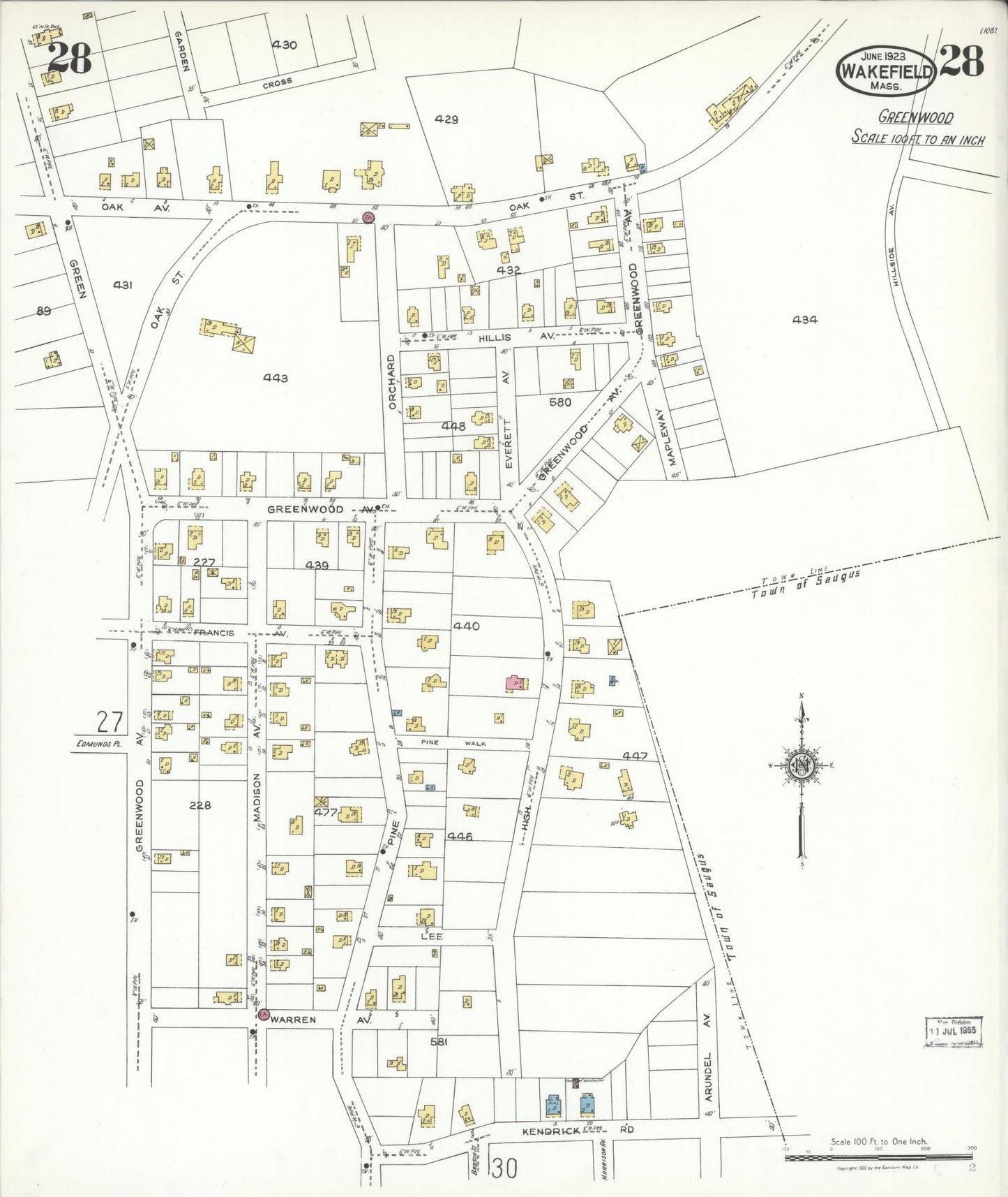 Sanborn Fire Insurance Map from Wakefield, Middlesex County, Massachusetts (1923), Sheet #0028 - Historic Sanborn Fire Insurance Map Print, vintage old map wall art, antique decor, genealogy gift, Massachusetts Massachusetts map