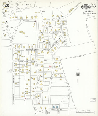 Sanborn Fire Insurance Map from Wakefield, Middlesex County, Massachusetts (1923), Sheet #0028 - Historic Sanborn Fire Insurance Map Print, vintage old map wall art, antique decor, genealogy gift, Massachusetts Massachusetts map