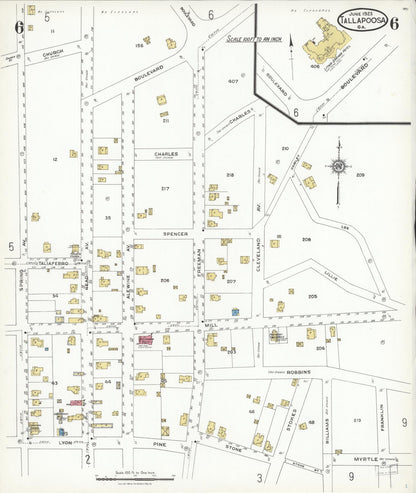 Sanborn Fire Insurance Map from Tallapoosa, Haralson County, Georgia (1923), Sheet #0006 - Complete Map Set gallery image, historic Sanborn map, vintage wall art, Georgia Georgia
