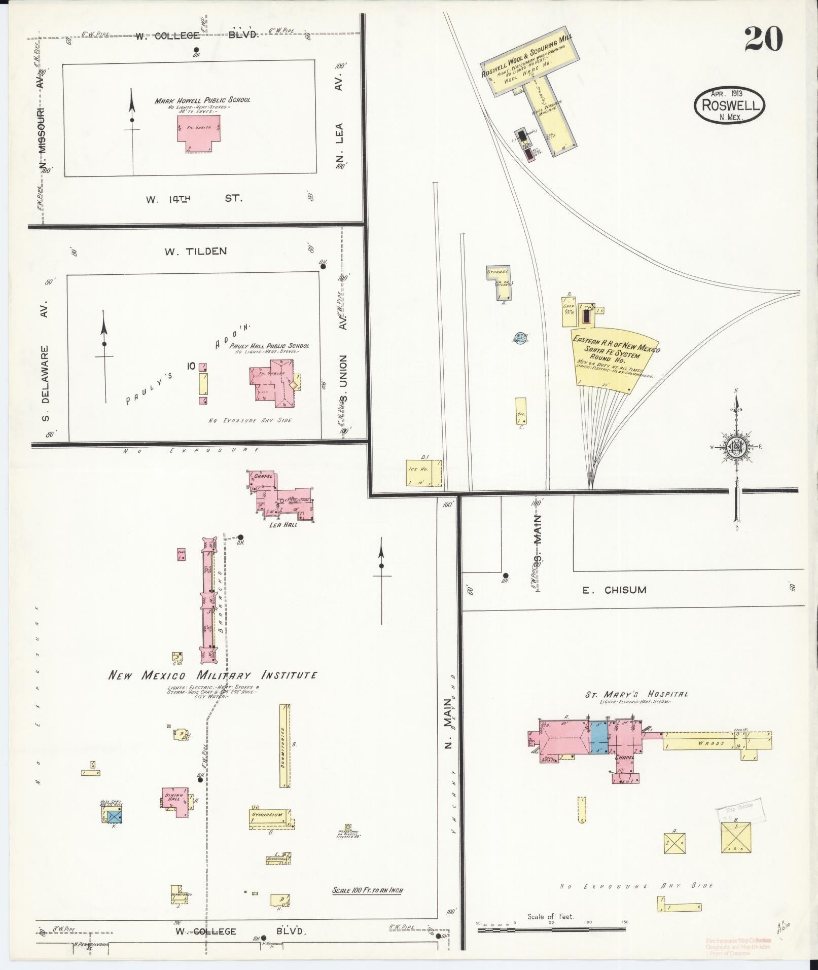 Sanborn Fire Insurance Map from Roswell, Chaves County, New Mexico (1913), Sheet #0020 - Historic Sanborn Fire Insurance Map Print, vintage old map wall art, antique decor, genealogy gift, New Mexico New Mexico map