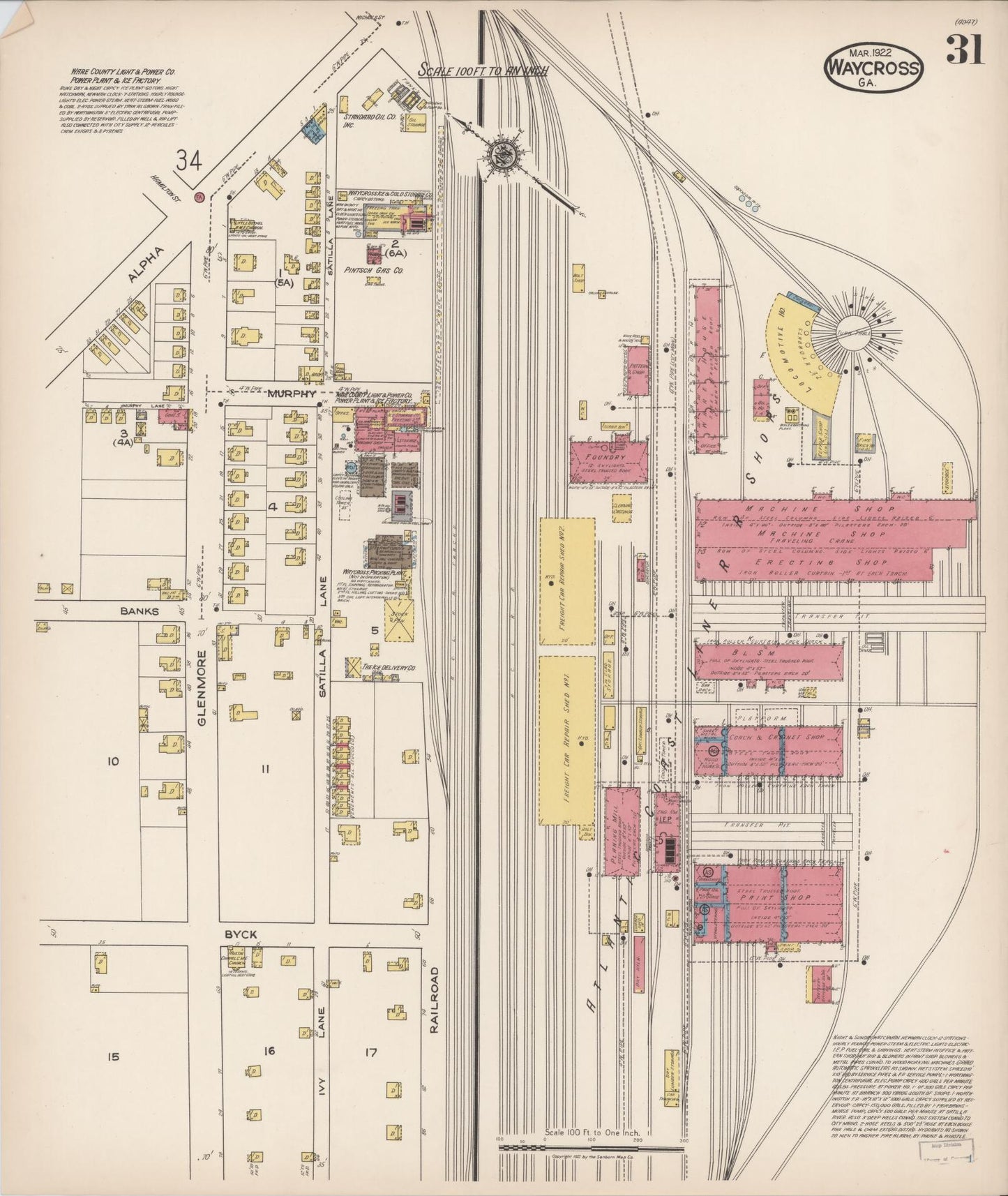 Sanborn Fire Insurance Map from Waycross, Ware County, Georgia (1922), Sheet #0031 - Complete Map Set gallery image, historic Sanborn map, vintage wall art, Georgia Georgia
