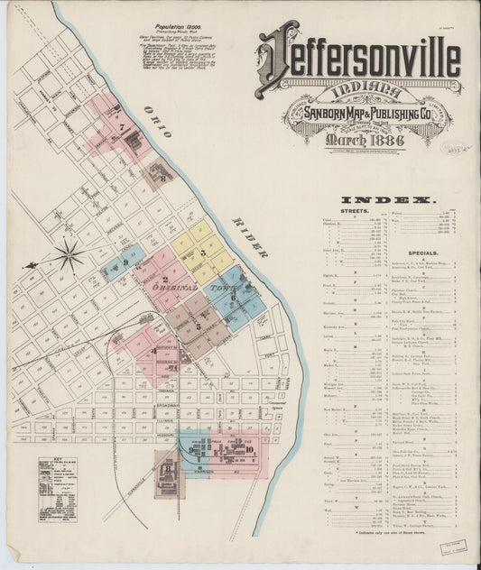 Sanborn Fire Insurance Map from Jeffersonville, Clark County, Indiana (1886), Sheet #0001 - Historic Sanborn Fire Insurance Map Print, vintage old map wall art, antique decor, genealogy gift, Indiana Indiana map