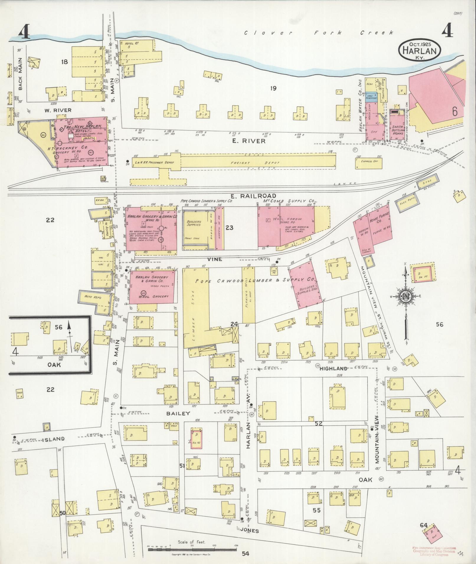 Sanborn Fire Insurance Map from Harlan, Harlan County, Kentucky (1925), Sheet #0004 - Complete Map Set gallery image, historic Sanborn map, vintage wall art, Kentucky Kentucky