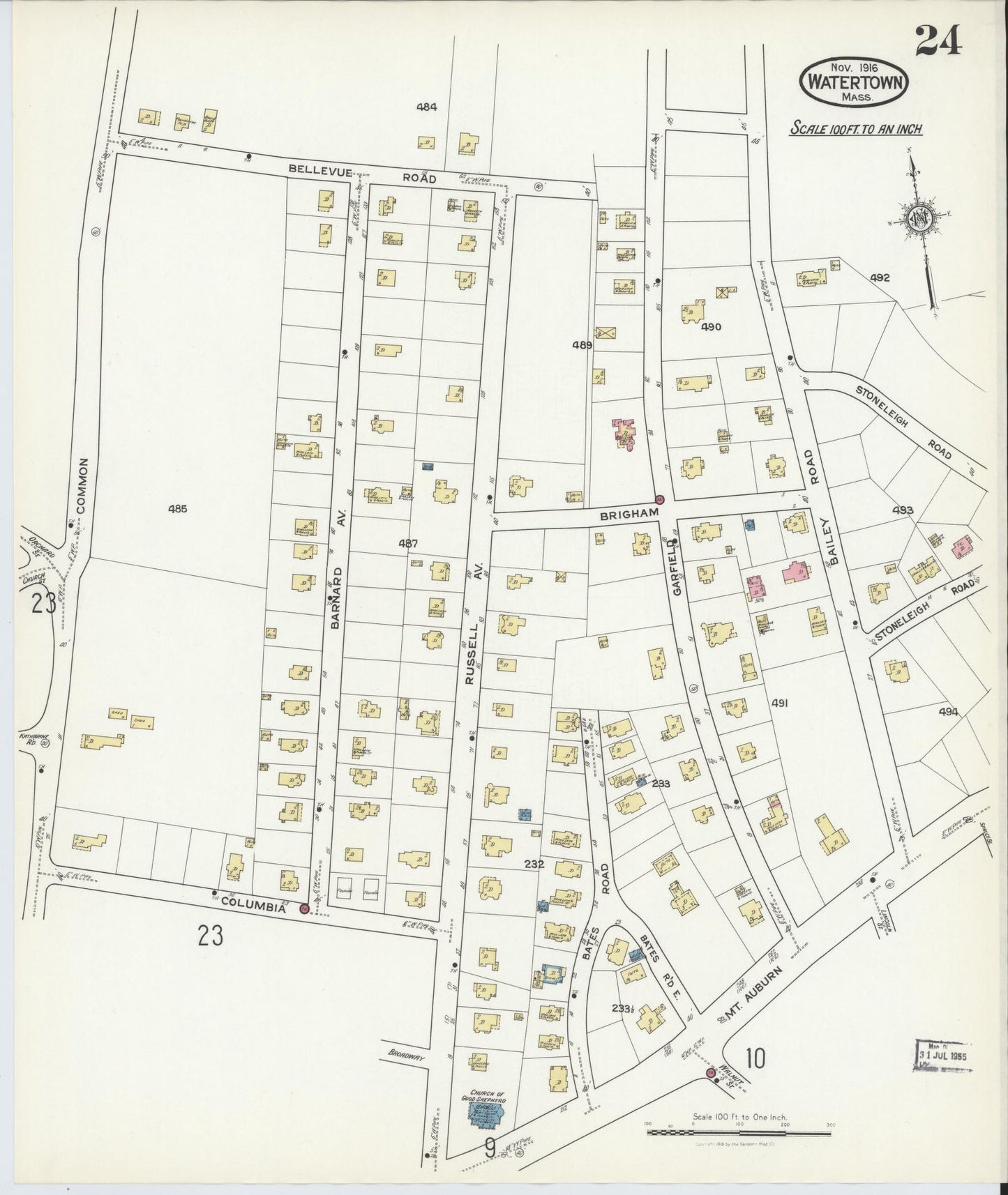 Sanborn Fire Insurance Map from Watertown, Middlesex County, Massachusetts (1916), Sheet #0024 - Complete Map Set gallery image, historic Sanborn map, vintage wall art, Massachusetts Massachusetts