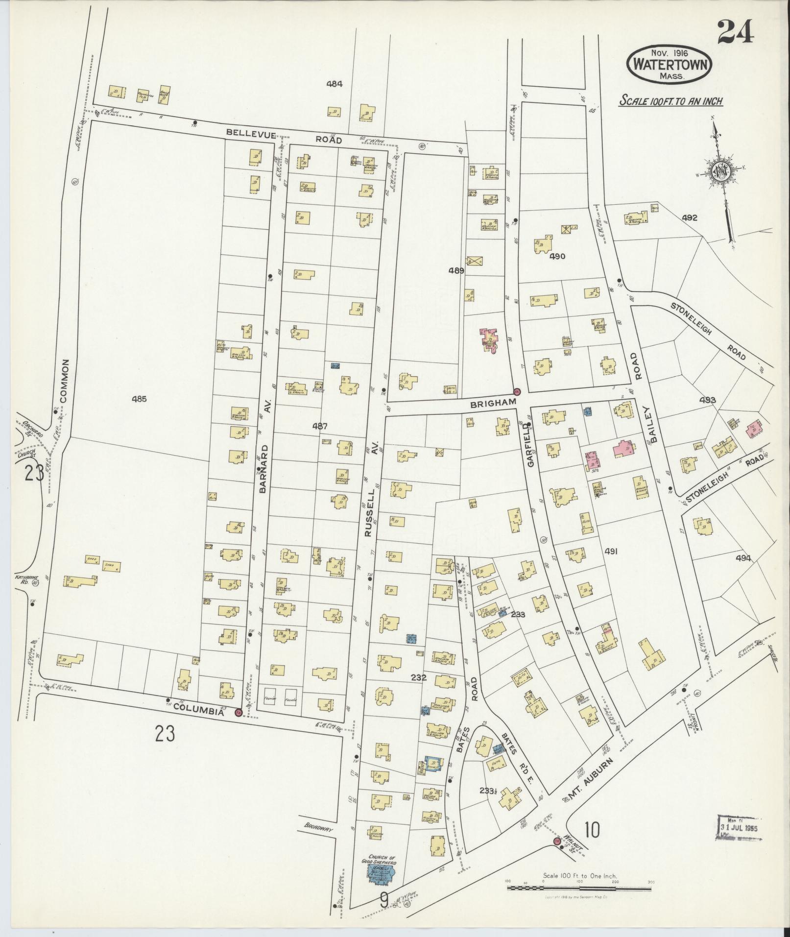 Sanborn Fire Insurance Map from Watertown, Middlesex County, Massachusetts (1916), Sheet #0024 - Complete Map Set gallery image, historic Sanborn map, vintage wall art, Massachusetts Massachusetts