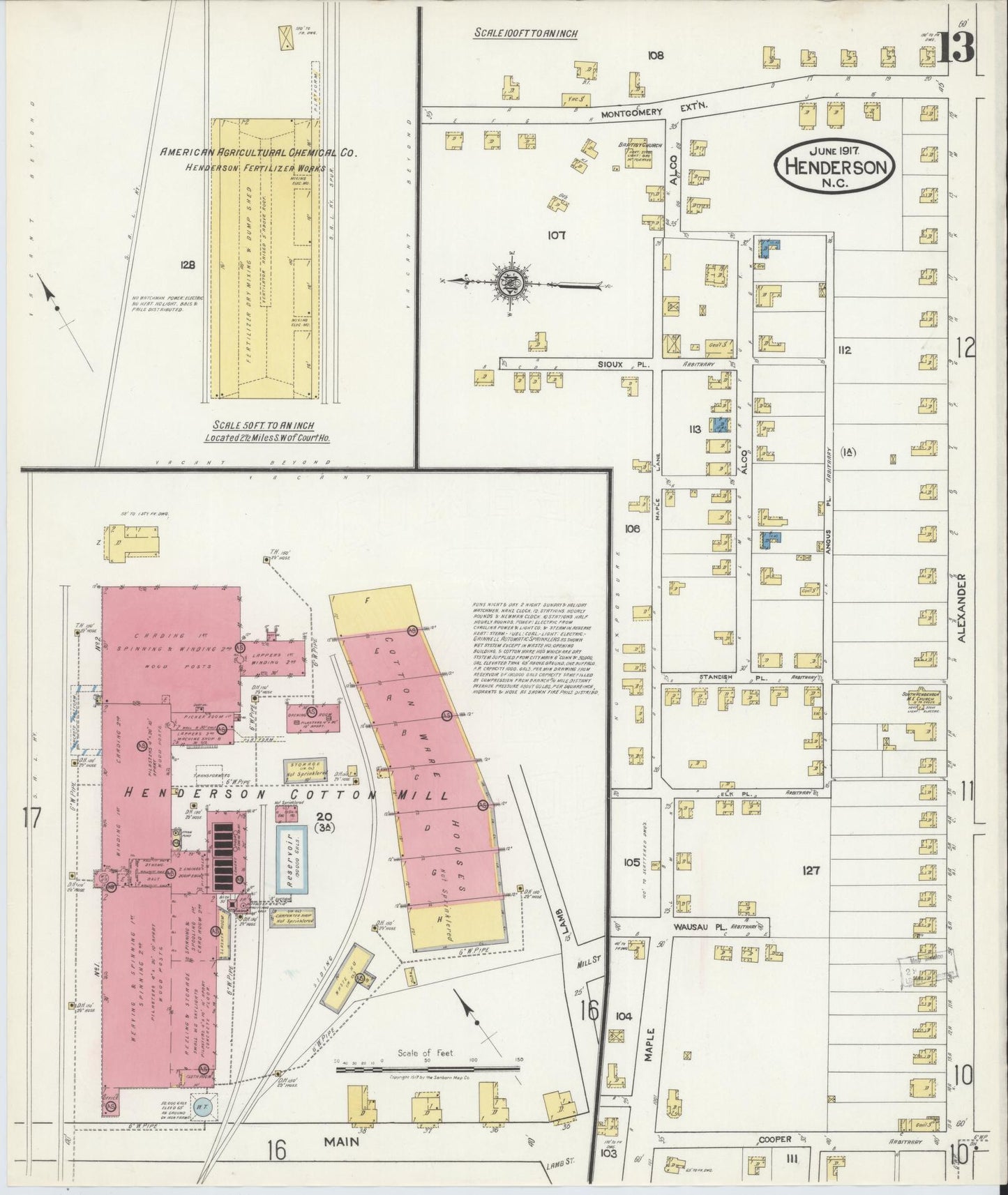 Sanborn Fire Insurance Map from Henderson, Vance County, North Carolina (1917), Sheet #0013 - Historic Sanborn Fire Insurance Map Print, vintage old map wall art, antique decor, genealogy gift, North Carolina North Carolina map