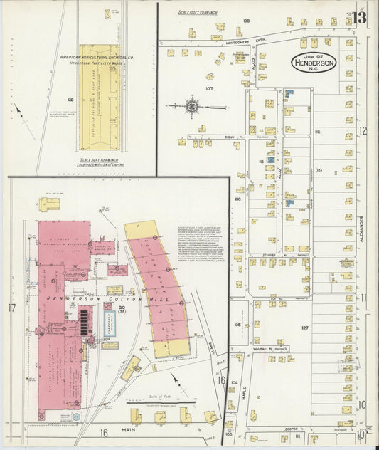 Sanborn Fire Insurance Map from Henderson, Vance County, North Carolina (1917), Sheet #0013 - Historic Sanborn Fire Insurance Map Print, vintage old map wall art, antique decor, genealogy gift, North Carolina North Carolina map