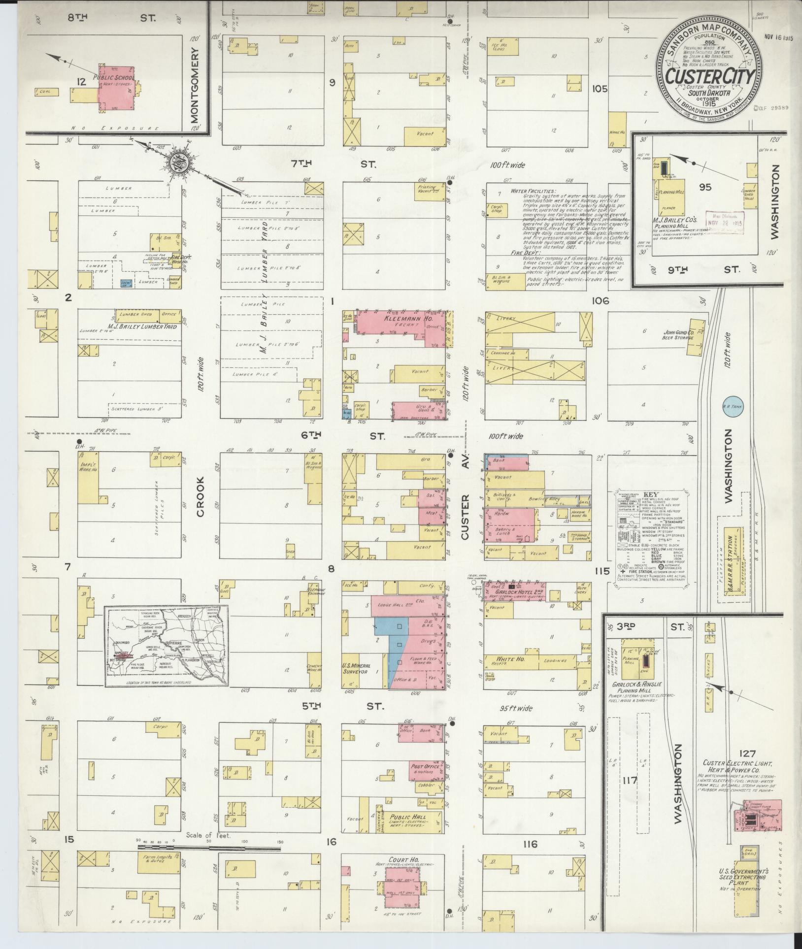 Sanborn Fire Insurance Map from Custer, Custer County, South Dakota (1915), Sheet #0001 - Historic Sanborn Fire Insurance Map Print, vintage old map wall art, antique decor, genealogy gift, South Dakota South Dakota map
