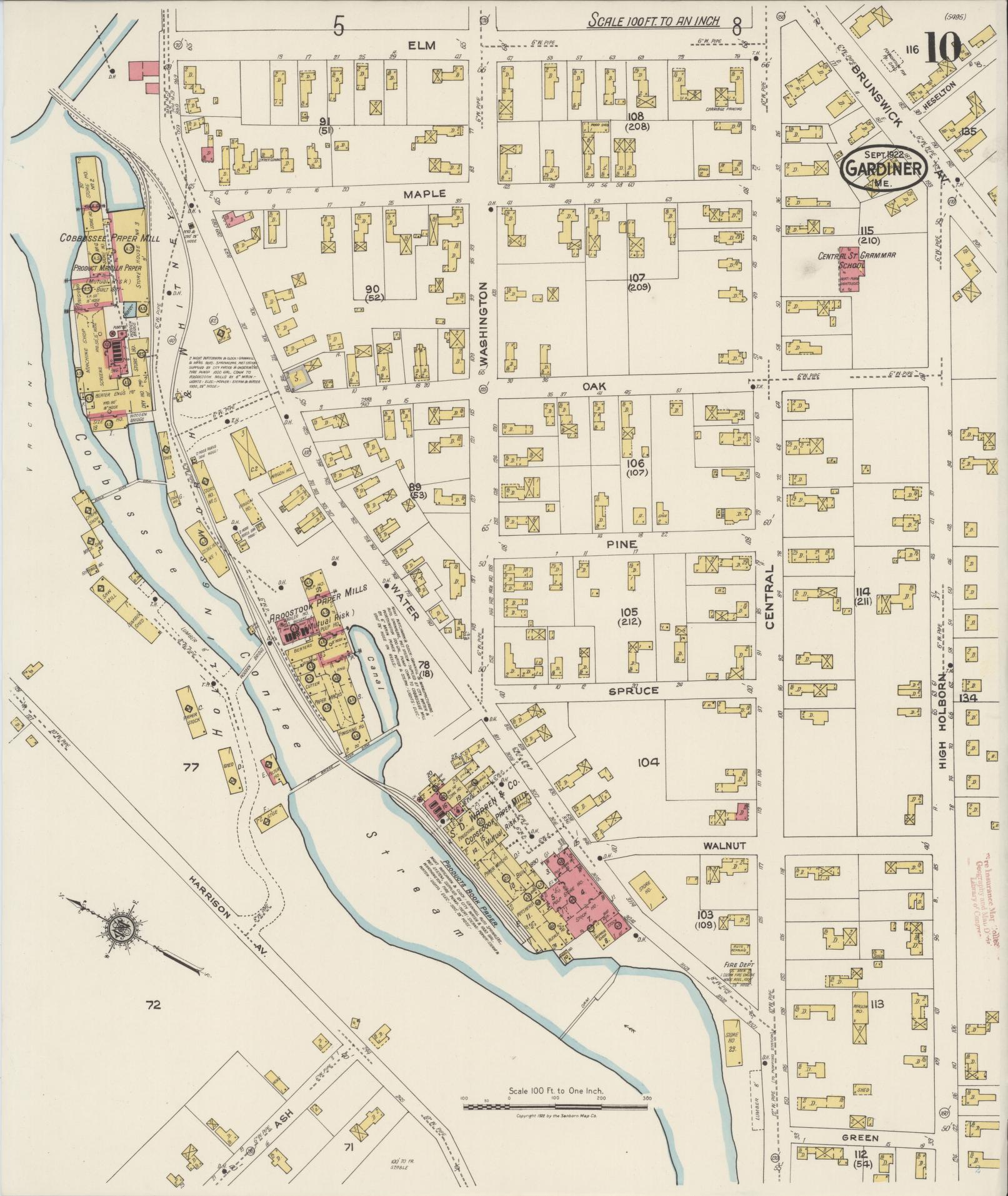 Sanborn Fire Insurance Map from Gardiner, Kennebec County, Maine (1922), Sheet #0010 - Historic Sanborn Fire Insurance Map Print, vintage old map wall art, antique decor, genealogy gift, Maine Maine map